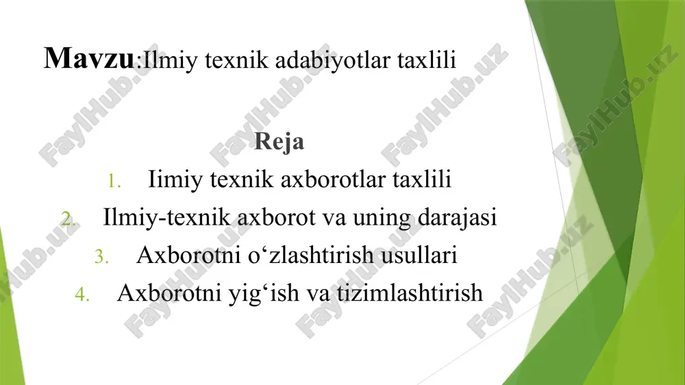 htirish — bu tadqiqotchi tomonidan materialni qayta ishlash va tushunib olish jarayoni. samarasiz o‘qish o‘rganishning natijasiz bo‘lishiga olib keladi. asosiy usullar: matnni bir necha marta qayta o‘qish va tushunarsiz joylarni belgilash. asosiy tushunchalar va natijalarni yozib olish, qo‘lda konspekt tuzish. murakkab jarayonlarni grafik va chizmalar orqali soddalashtirish. yangi bilimlarni mavjud nazariy va amaliy tajriba bilan bog‘lash. tajribali mutaxassis yoki rahbar bilan maslahatlashish, lekin bu jarayonda mustaqil fikrlashni rivojlantirishga e’tibor berish. formulalar va tenglamalarni sodda misollar orqali tushunish. o‘zlashtirish jarayoni psixologik jihatdan individual bo‘lib, har bir tadqiqotchi uchun o‘z usuli bo‘ladi. axborotni yig‘ish va tizimlashtirish hozirgi kunda tadqiqotchilar ko‘pincha axborot yetishmasligidan emas, ortiqchaligidan qiynaladi. shu bois axborotni to‘g‘ri yig‘ish va tizimlashtirish muhim. manbalar kitoblar va monografiyalar – ilmiy muammo va uslubiy yondashuvni keng qamrovda yoritadi. jurnallar – muntazam kuzatuv orqali dolzarb maqolalarni o‘rganish. davriy ilmiy to‘plamlar – maxsus yo‘nalishlarga oid materiallar. ekspress-axborotlar va referativ jurnallar – tezkor va qisqa ma’lumot beradi.konferensiya …