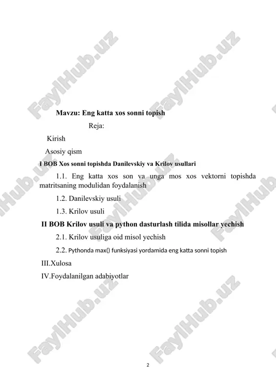 rat matritsalarda ishlaydi, lekin boshqa turlardagi matritsalarda ishlay olmaydi. shuningdek, usulning amaliyotlari murakkablik darajasiga qarab qiyinlik ko'rsatishi mumkin. bunday holatlarda boshqa xos son topish usullari bilan ishlash tavsiya etiladi. bu usulning asosiy bosqichi quyidagicha amalga oshiriladi: 1. matritsaning har bir ko'rsatkichini yuqori darajadagi sonlarga yaqinlashgan holda o'zgaruvchan qiymatlar bilan almashtirish. 2. almashtirilgan matritsa uchun xos sonni topish uchun krilov usuli (yoki krilov algoritmi) ishlatiladi. 3. krilov usuli yordamida almashtirilgan matritsaning xos soni aniqlanadi. agar biror x vektor uchun tenglik bajarilsa u holdason a kvadrat matritsaning xos soni deyiladi. bu tenglikni qanoatlantiradigan noldan farqli x vektor a matritsaning soniga mos keladigan xos vektori deyiladi. tenglama a matritsaning xarakteristik tenglamasi deyiladi. a matritsaning xos yoki xarakteristik ko 'phadi deyiladi. matritsaning barcha xos sonlari va ularga mos xos vektorlarni topish masalasi xos qiymatlarni to‘liq muammosi deyiladi. xos sonlarning bittasi yoki ularning bir qismini va mos ravishda xos vektorini topish xos qiymatlarning qismiy muammosi …
