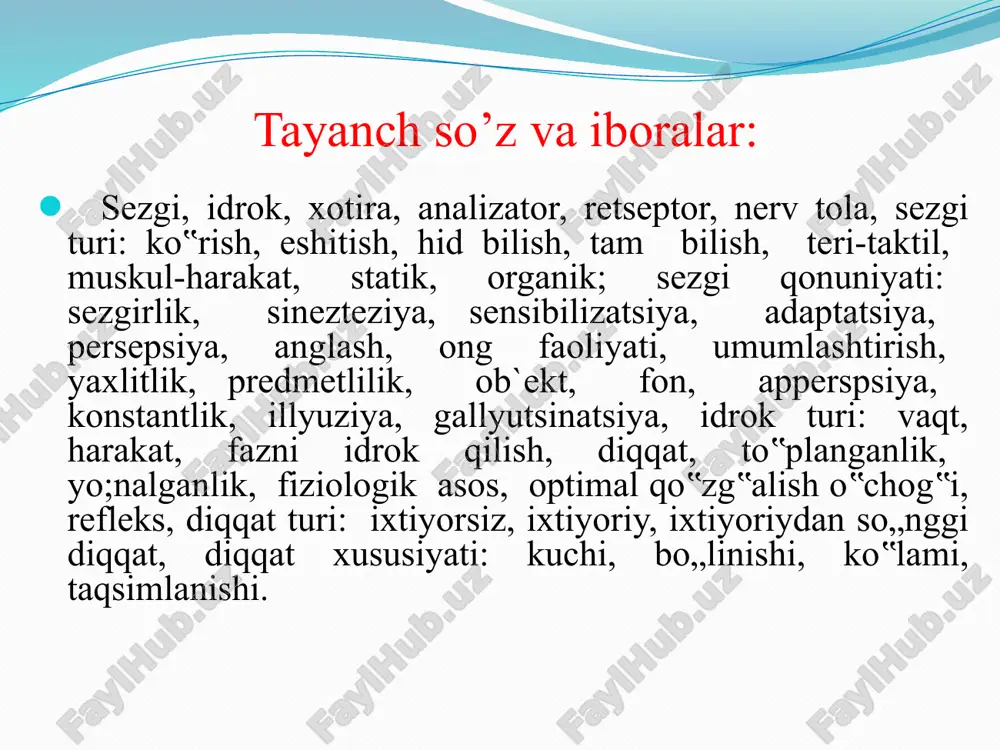 ida bir butun holda aks ettirilishiga aytiladi. . idrok qo`zg`atuvchilarning ayrim xususiyatlarini aks ettiruvchi sezgilardan farq qilib, narsani butunligicha, yaxlitligicha, uning hamma xususiyatlari bilan birgalikda aks ettiriladi. shuning uchun idrok ayrim sezgilarning oddiy yig`indisidan iboratdir, degan xulosa chiqarib bo`lmaydi. idrok o`ziga xos tuzilishga ega bo`lgan hissiy bilishning sifat jihatidan yangi yuksakroq bosqichidir. diqqat deb- ongni bir nuqtaga to„plab muayyan bir ob‟ektga aktiv qaratilishga aytiladi. diqqatning aktivligiga qarab - ixtiyorsiz, ixtiyoriy va ixtiyoriydan so„nggi diqqat. diqqatning ob’ektiga qarab - tashqi va ichki diqqat. diqqatning faoliyat turlariga qarab - individual, guruhiy va jamoaviy diqqat e’tiboringiz uchun tashakkur!!! image2.png