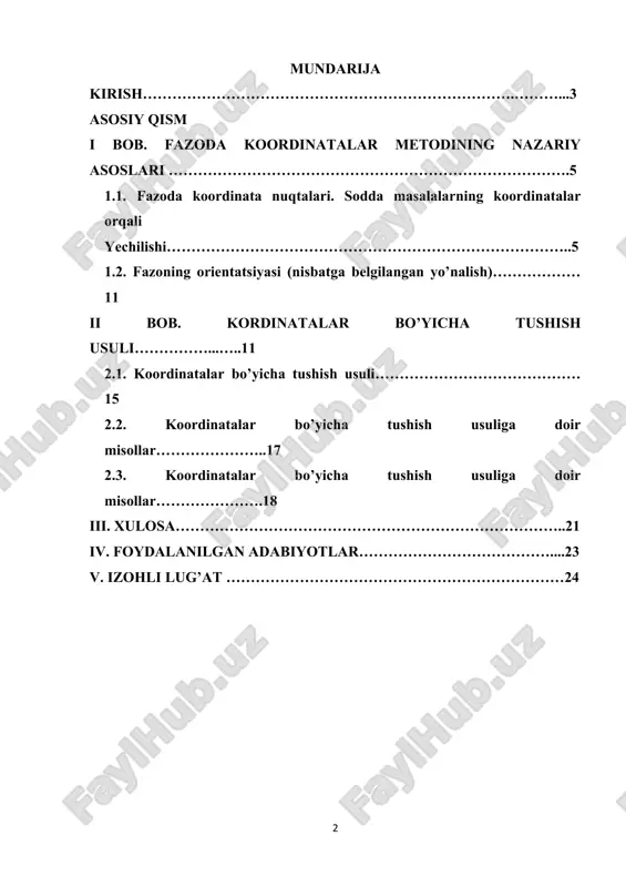 lanadi, bir nuqtada kesishib ( koordinatalar boshi) to’g’ri burchak hosil qilgan bo’lsa; optimallashtirish (lotincha optimus-eng yaxshi) deganda odatda ma’lum shartlarda eng yaxshi natijalarni oluvchi maqsadga yo’naltirilgan faoliyat tushiniladi. optimallashtirish masalasining qo’yilishi uning obekti, berilgan masalani ifodalovchi bog’liq bo’lmagan parametrlari (o’zgaruvchilar) to’plami hamda o’zgaruvchilar qabul qiladigan qiymatlarni xarakterlovchi shartlarning mavjudligini, bundan tashqari optimallashtirish masalasini sifatini xarakterlovchi skalyar “o’lchov”-maqsad funksiyasining mavjudligini nazarda tutadi. optimallashtirish masalasini yechish-optimal qiymatga javob beruvchi o’zgaruvchilarning qiymatlari to’plamini qidirishdir. maqsad funksiyasi-bu ko’p o’zgaruvchili skalyar funksiya bo’lib uning maksimumi yoki minimumi qaralayotgan masala parametrlarining optimal sonini aniqlaydi. faraz qilaylik x– kiritiladigan parametrlarning massivi bo’lib uning uzunligi n ga teng bo’lsin u holda maqsad funksiyasi f(x) yoki f(x1,x2,…xn) ko’rinishda yoziladi. maqsad funksiyasining uning argumentlari qiymatlari to’plamida minimumini yoki maksimumini qidirish optimallashtirish masalasi deyiladi. demak ko’p o’lchovli fazoda shunday x nuqtani toppish kerakki minf(x), bu yerda x-vektor, shart bajarilsin. optimallashtirish masalasini quyidagi sxema bilan ifodalash mumkin. kurs ishining dolzarbligi: koordinatalar usulining …