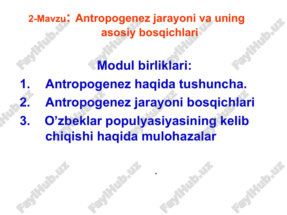 odamsimon maymunlar bo’lib afrikada vujudga kelgan va undan yevropaga o’tgan deb taxmin qilinadi 1. dryopithecus – ikki turi mavjud bo’lib, ulardan biri ikkinchisidan gavdaliroq bo’lgan. ular yashgan davri o’rta va so’nggi miotsen, vatani – yevropa. 2. proconsul- oldingi gominidlardan kattaligi bilan farqlanadi, yuzining oldinga bo’rtib chiqqanligi bilan shinpanzega o’xshab ketadi. 3. limnopithecus – kichkina bo’lib, ko’p jihatdan gibbonlarni eslatadi.ular davri –ilk va o’rta miotsen, vatani sharqiy afrika. 4. rangwapithecus –yuqori uzun qoziq tishli, gavda hajmi har xil. sharqiy afrikada yashagan. ramapiteklar (15-7 mln. yillar)afrika, yevropa va osiyoda yashagan. ramapitek maymunga o’xshash jonzot bo’lib, bo’yi 1,2 m bo’lgan. ular ochiq joylarda yashab, termachilik bilan kun kechirganlar. ramapiteklar o’z ko’rinishlari bilan gominidlarning dastlabki vakillari bo’lsalarda, odamlarning odamlari emas. olimlarning fikricha ular orangutanlarga yaqin bo’lgan. avstrolopitek –odamning eng qadimgi va ancha sodda turi. (lotincha “auctralis”- janubiy+”pitekos”-maymun) ramapitek va avstrolopitekning tropik o’rmonlardagi izlari (1,5-1 mln. yil avval) aniqlangan. bo’yi 1,5 m, og’irligi 70 kg …