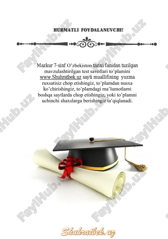 davlat arbobi (30) 037-temuriylar davlatining inqirozga yuz tutishi (15) 038-dehqonchilik va yer egaligi munosabatlari (16) 039-hunarmandchilik va savdo aloqalari (22) 040-ilm-fan ravnaqi (21) 041-madaniy hayot (17) 001-kirish-ijtimoiy-iqtisodiy o’zgarishlar (7) testlar 1. o'zbekiston tarixining ushbu davri qaysi asrlarni o'z ichiga oladi? a) v-xv asrlar b) iv-xvii asrlar c) iv-ix asrlar d) iv-xvi asrlar 2. ilk o'rta asrlarda chokarlar kimlar? a) dehqonlarning qo‟riqchilari b) erkin jamoachi qo‟shchilar c) shahardagi savdogar aholi d) qishloqdagi yerga ishlov beruvchilar 3. ganchkor bo'rtma olqor tasviri qaysi manzilgohdan topilgan? a) varaxsha b) tuproqqal'a c) afrosiyob d) bolaliktepa 4. dehqonlar osoyishtalik davrida chakorlardan qanday foydalanganlar? a) qishloq aholisi ustidan hukm yuritganlar b) harbiy yurishda qatnashganlar c) katta ariqlar qazganlar d) boshqa yerlarni o‟zlashtirganlar 5. v asr o‟rtalariga kelib ziroatkor erlardagi obikor yerlarning asosiy qismi kimga tegishli edi? a) majusiy ruhoniylarga b) qishloq jamoalariga c) davlat boshlig‟iga d) dehqonlarga 6. ilk o‟rta asrlarda "dehqon" atamasi nima ma‟no bildirgan? a) …