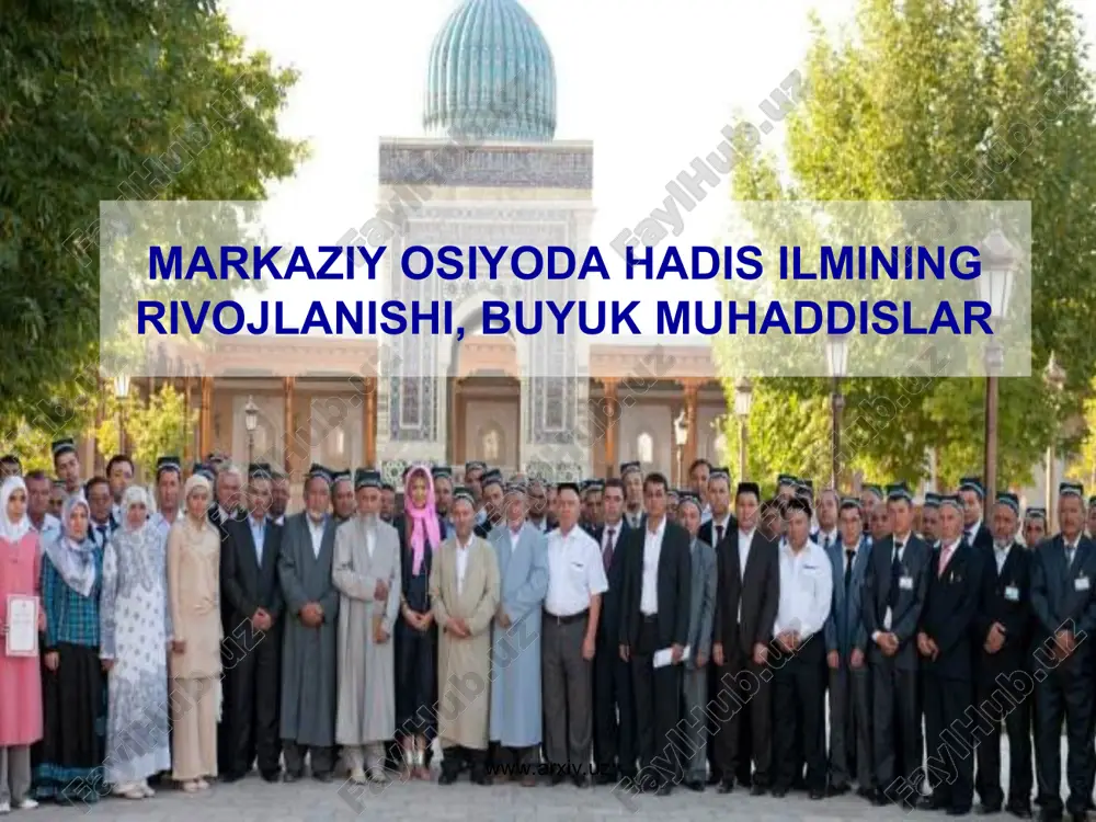 25 yilda onasi va akasi bilan hajga boradi. safar chog’ida balx, basra, kufa, bog’dod, xume, damashq, misr, makka va madinada bo’ladi va mashhur olimlardan hadis o’qigan hamda faqih ilmini o’rgangan. olimlarning fikricha, imom buxoriy boy meros qoldirgan. uning «ishonchli to’plam», «katta tarix», «kichik tarix», «imom ortida turib o’qish», «nomozda ikki qo’lni ko’tarish» kabi asarlari mavjud. www.arxiv.uz www.arxiv.uz www.arxiv.uz www.arxiv.uz 4 tomlik «sahih al-buxoriy» asarida payg’ambarimiz hadislaridan tashqari, islom huquqshunosligi, islom marosimlari, axloq-odob, ta’lim-tarbiya, tarix va etnografiyaga oid ma’lumotlar ham berilgan. unga 600 ming hadisdan 7275 ta «sahih» (ishonchli)hadislari kiritilgan bo’lib, shundan 4000 tasi takrorlanmaydigan hadisdir. olim islom olami odob-axloqi va tarbiyasiga bag’ishlab «al-adab al-mufrat» («adab durdonalari») nomli hadis to’plami yaratgan 1322 ta hadisni tashkil qiladi. mashhur muqaddas at-termiziy 824 yilda termiz yaqinidagi bud (hozirgi sherobod tumanida) qishlog’ida tug’ilgan. u 850 yilda safarga chiqadi, makka va madinada bo’ladi. iroq va xurosonda hadis ilmi, fiqx, ilmi al-qiroat, bayon, tarix va boshqa ilmlarni …