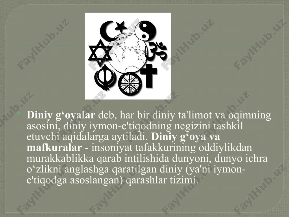 jamiyati, bular bilan birgalikda ularning turli oqimlari va yo’nalishlari vakillari tinch, osoyishta va farovon hayot kechirib kelmoqda. mustaqillik sharoitida etnik munosobatlar va din sohasida olib borilayotgan izchil va qat’iy siyosat tufayli mamlakatimizda millatlararo totuvlik va konfessiyalararo hamkorlik qaror topdi. konstitustiyamizda «o’zbekiston respublikasida barcha fuqarolar bir xil huquq va erkinliklarga ega bo’lib, jinsi, irqi, millati, dini, ijtimoiy kelib chiqishi, e’tiqodi, shaxsi va ijtimoiy mavqeidan qat’i nazar, qonun oldida tengdirlar», - degan tamoyilning mustahkamlab qo’yilishi esa, bu boradagi ishlarning qonuniy asosi bo’lib xizmat qilmoqda. milliy qadriyatlar tolerantlikni rivojlantirishda muhim o’rin tutadi. tolerantlik-o’zligini anglagan millat vakillarining boshqa millat vakillari tomonidan kamsitilishiga yo’l qo’ymaslik, ular bilan tinch, farovon hayot kechirishidir. tolerantlik tuyg`usi insonning xulq atvori, odob axloqi, siyosiy – ma’naviy pokligi, o’z xalqi va milliy merosi boyligi hamda milliy qadriyatlarga bo’lgan munosabatini belgilab beradi. hozirgi kunda dinlarning quyidagi tasniflari mavjud tarixit-geografik jihatiga ko’ra etnik jihatiga ko’ra hozirgi davrda mavjudligi jihatidan etnik jihatiga ko’ra dinlar …