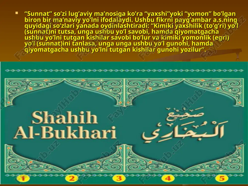 karim bilan o’zimning sunnatim — yo’l-yo’riqlarimni qoldirdim. sizlar shu ikkalasini qattiq tutib, (ularga) amal qilsalaringiz, to’g`ri yo’ldan aslo adashmaysizlar”, deyiladi. 4. naqshbandiya bahovuddin muhammad burhoniddin muhammad al- buxoriy naqshband (1318-1389)- xiv asr marzaziy osiyo tasavvufining eng yirik vakili edi. naqshbandiya tariqatining ma’naviy asoschisi xoja yusuf al-hamadoniy (vafoti 1140) hisoblanadi.naqshband buxoro yaqinida tug’ildi.u vafotidan keyin muqaddas shaxs hisoblanib,xudo oldida vositachi,karomat ko’rsatuvchi va buxoroning homiysi sifatlariga ega bo’ldi.qabri ustiga o’rnatilgan maqbara ziyorat qilinadigan joyga aylandi. naqshband o’z ta’limotida tasavvufning ikki maktabi-ahmad yassaviy va abdulholiq al-g’ijduvoniy (vafoti 1180) qoidalarini bir-birlariga qo’shdi.naqshband ta’limoti markaziy osiyoning turkiy qabilalari orasida islomning sunniy oqimini yoydi va mustahkamladi. naqshband haqiqiy solikni chalg’ituvchi zohiriy taqvodorlik va marosimchilikni rad qildi: 40 kunlik ro’za tutish,daydilik,gadoylik, ko’pchilik oldida musiqa, ashula va raqs ijro etishni, baland ovoz bilan zikr aytishni ma’qullamadi. naqshbandiydan keyin , alouddin attor (vafoti 1400) va xoji muhammad porso (1345-1420) naqshbandiyaning tashkiliy tuzilishini mustahkamladilar va uning ta’sirini ko’chmanchi turk qabilalari …