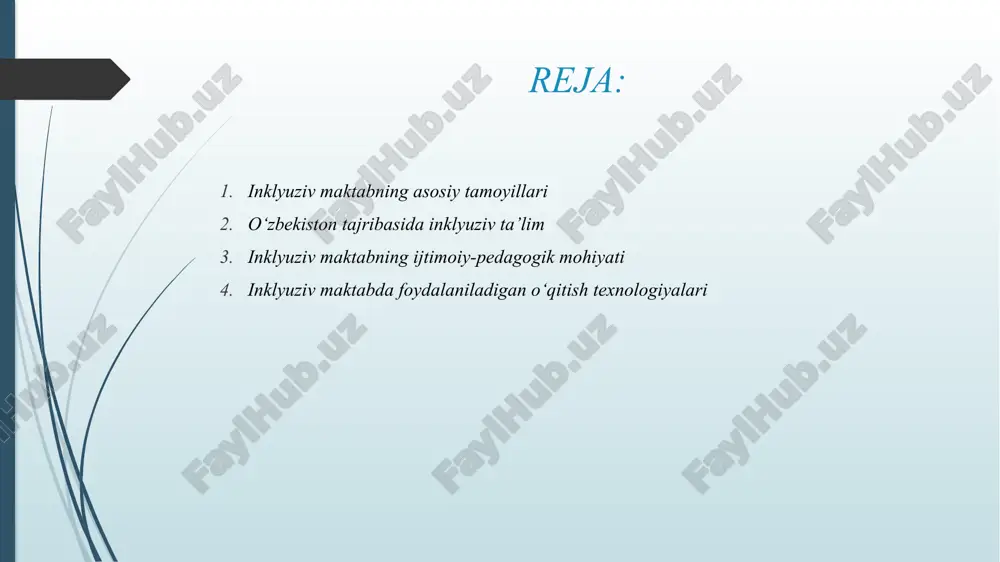 iron bolalar uchun qulay muhit, balki hamma uchun o‘zaro hurmat, yordam va tenglik makonidir. u jamiyatda ijtimoiy adolat, inson huquqlariga hurmat va madaniyatlararo muloqotni rivojlantirishga xizmat qiladi. pedagogik nuqtai nazardan, bunday maktabda har bir bola o‘zining qobiliyati, sur’ati va ehtiyojiga qarab o‘qitiladi. inklyuziv ta’limning psixologik asoslari inklyuziv maktabda bola psixologik jihatdan o‘zini xavfsiz va qabul qilingan his qilishi muhim. psixologlar bunday maktablarda: bolada o‘ziga ishonchni oshirish; ijtimoiy moslashuvni yengillashtirish; ijobiy emotsional muhit yaratish; o‘zaro yordam va empatiya tuyg‘ularini shakllantirishga e’tibor beradilar. inklyuziv maktabda o‘qituvchi roli inklyuziv ta’limda o‘qituvchi — faqat bilim beruvchi emas, balki yo‘l-yo‘riq ko‘rsatuvchi, hamkorlikni tashkil etuvchi va rag‘batlantiruvchi shaxsdir. uning vazifalari: har bir bola uchun individual ta’lim rejasini ishlab chiqish. moslashtirilgan dars materiallari tayyorlash. bolalarning o‘zaro muloqotini qo‘llab-quvvatlash. maxsus mutaxassislar bilan birgalikda ishlash. inklyuziv maktabda foydalaniladigan o‘qitish texnologiyalari differensial ta’lim – har bir bolaning o‘z imkoniyatiga qarab topshiriq berish. ko‘rgazmali va interfaol metodlar – vizual va amaliy …