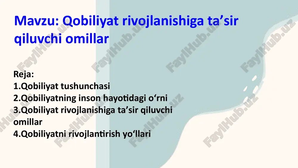 iyatlarni rivojlantirishga yordam beradi. motivatsiya va maqsadlar: shaxsning o‘z oldiga qo‘ygan maqsadlari va ichki motivatsiyasi qobiliyatlarini rivojlantirishda muhim rol o‘ynaydi. yuqori motivatsiya va aniq belgilangan maqsadlar muvaffaqiyatga erishishda yordam beradi. hayotiy tajriba: insonning hayotiy tajribasi va boshidan kechirgan voqealari qobiliyatlarning rivojlanishiga ta’sir qiladi. turli vaziyatlar va qiyinchiliklar orqali o‘rganish qobiliyatlarning oshishiga yordam beradi. atrof-muhit: yashash joyi va atrof-muhitning ta’siri ham qobiliyatlarning rivojlanishiga ta’sir qiladi. masalan, madaniy boy muhitda yashash ijodiy qobiliyatlarni rivojlantirishga yordam beradi. oila va tarbiya: oila muhitida ko‘rsatiladigan e’tibor va tarbiya qobiliyatlarni rivojlantirishda katta ahamiyatga ega. oilaning qo‘llab-quvvatlashi va farzandlariga qobiliyatlarini rivojlantirish uchun imkoniyat yaratishi ularning muvaffaqiyatiga yordam beradi. rubinshteynning fikriga ko'ra, qobiliyatning rivojlanishi spiral shaklida sodir bo'ladi,bu esa keyingi darajaga o'tish uchun qobiliyatlarning bir darajasi tomonidan taqdim etilgan imkoniyatlarni amalga oshirish zarurligini anglatadi. qobiliyatlarni rivojlanishi va rivojlantira olishni ikki xil yo'li bor. 1-yo'l: - tanqidiy vaziyatlar; - umidsizlik hissi - raqobatlasha olish - shart-sharoitlarga baho bera olish …