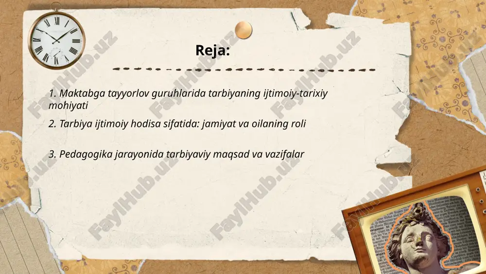 rzi va xavfsizlik ko‘nikmalarini o‘rgatish; 4) individual rivojlanish strategiyasini ishlab chiqish va ota-onalar bilan hamkorlik. ... t.me/slaydai_bot maktabga tayyorlov guruhlarida tarbiyaviy muhit bolalarning ijtimoiy, emotsional va kognitiv rivojlanishini taʼminlovchi kompleks tizimdir. uning tarkibiy elementlari: pedagogik faoliyat va metodika, o‘qituvchilarning malakasi, o‘quv-mashg‘ulot uskunalari va materiallari, jismoniy makon va higiena, xavfsizlik, ijtimoiy-psixologik muhit, oilaviy hamkorlik, madaniy va ekologik omillar. samarali muhit individual yondashuv, faoliyatga yo‘naltirish va pedagogik nazorat orqali qo‘llab-quvvatlanadi. ... t.me/slaydai_bot 1. rol o‘yini: ijtimoiy rollarni o‘rganish, muomala mashqlari. 2. hamkorlikka yo‘naltirilgan o‘yinlar: guruh vazifalarini bajarish. 3. didaktik o‘yinlar: qoidalarni o‘rganish, muomala ko‘nikmalari. 4. dramaturgiya va sahnalashtirish: empatiya va ifoda. 5. navbat va qoidalar mashqlari: intizom. 6. konfliktni hal etish o‘yinlari. 7. erkin o‘yin va kuzatuv asosida baholash. 8. o‘qituvchi model va ota-ona hamkorligi. ... t.me/slaydai_bot pedagoglarning tarbiyaviy kommunikatsiya madaniyati tarbiya jarayonida samarali muloqot, empatiya, axloqiy-madaniy normalarni namoyon etish, bolalar va oilalar bilan ishonchli aloqani ta’minlashni o‘z ichiga oladi. u til …