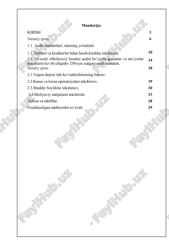 i ta’minlash, bunda aholining ijtimoiy zaif qatlamlari ehtiyojlariga alohida e’tibor qaratish. yuqoridagi islohotlarni olib borishda, avvalo, temir yo‘l transporti moliyaviy va boshqaruv tahlili yuqori o‘ringa ega. bunda temir yo‘l transportining tarkiblarning moddiy va mehnat resurslaridan samarali foydalanish va moliyaviy natijalarni tahlil qilish uslublarini o‘rganadi. temir yo‘l transporti auditini o‘tkazish, temir yo‘l tizimlarining samaradorligini, xavfsizligini va iqtisodiy samaradorligini baholash uchun muhimdir. audit jarayoni quyidagi asosiy bosqichlarni o‘z ichiga olishi mumkin: · rejalashtirish. auditni o‘tkazish uchun maqsad va vazifalarni aniqlash. bu bosqichda audit jamoasi kerakli resurslarni va vaqtni belgilaydi. · ma'lumot to‘plash. temir yo‘l transporti tizimiga oid barcha kerakli hujjatlar- ni statistik ma’lumotlarni va boshqa manbalarni to‘plash. bu jarayonda avvalgi audit hisobotlari, xavfsizlik tekshiruvlari va foydalanuvchi fikrlari ham ko‘rib chi- qilishi mumkin. · tahlil. to‘plangan ma'lumotlarni tahlil qilish, muammolarni aniqlash va samaradorlikni baholash. bu bosqichda transportning iqtisodiy ko‘rsatkichlari, xavfsizlik darajasi, xizmat ko‘rsatish sifatini baholash muhimdir. · xulosa va tavsiyalar. tahlil natijalariga asoslanib, …