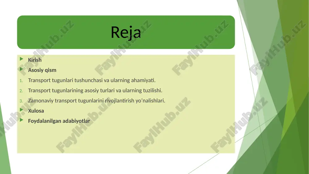h orqali milliy iqtisodiyot raqobatbardoshligini oshirish bilan belgilanadi. 1. transport tugunlari tushunchasi va ularning ahamiyati transport tuguni — bu turli transport yo‘llari (temir yo‘l, avtomobil, havo, dengiz yoki daryo yo‘llari) kesishadigan, yuk va yo‘lovchilar oqimi qayta taqsimlanadigan joydir. transport tugunlari logistika jarayonlarini markazlashtirish, yuk tashish vaqtini qisqartirish va iqtisodiy samaradorlikni oshirish imkonini beradi. bunday tugunlar yirik shaharlar, portlar yoki sanoat markazlarida joylashadi. masalan, toshkent, samarqand va buxoro shaharlarida joylashgan transport tugunlari mintaqaviy hamda xalqaro transport tizimida strategik ahamiyat kasb etadi. bunday tugunlarning tuzilishida yuk terminallari, omborlar, yo‘lovchi bekatlari, boshqaruv markazlari va texnik xizmat ko‘rsatish zonalari mavjud bo‘ladi. 2. transport tugunlarining asosiy turlari va ularning tuzilishi transport tugunlari asosan quyidagi turlarga bo‘linadi: temir yo‘l tugunlari — turli temir yo‘l liniyalari kesishadigan, vagonlar almashinuvi, yuk ortish-tushirish ishlari amalga oshiriladigan joylar. avtomobil transport tugunlari — avtomobil yo‘llari kesishadigan, yo‘nalishlar almashuvi va transport oqimi boshqariladigan infratuzilma majmuasi. havo transport tugunlari (aeroportlar) — yo‘lovchi va …