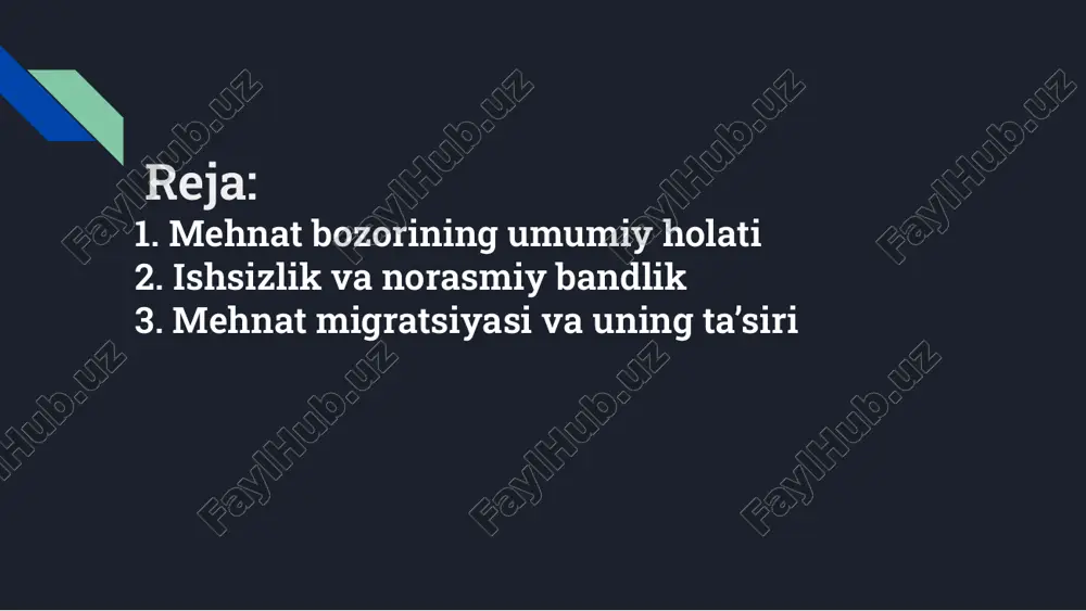 ligi (masalan, dehqonchilik yoki qurilish ishlari). oqibatlari: ● ishchilar ijtimoiy himoyasiz qoladi (pensiya, tibbiy sug‘urta yo‘qligi). ● davlat budjetiga soliq tushumlari kamayadi. ● ish o‘rinlarining yetishmovchiligi – o‘zbekistonda ba’zi hududlarda aholi soni tez o‘sayotgani sababli ish bilan ta’minlash qiyinlashmoqda. ● xorijdagi yuqori ish haqi – rossiya, janubiy koreya, qozog‘iston va turkiyada ish haqi o‘zbekiston bilan solishtirganda ancha yuqori. ● kasbiy malaka va bilim darajasi – ayrim o‘zbekistonlik ishchilar xorijda o‘z kasbiy malakalariga mos ish topish imkoniyatiga ega. ● tashqi mehnat bozorining talabiga moslik – qurilish, qishloq xo‘jaligi, xizmat ko‘rsatish va ishlab chiqarish sohalarida o‘zbekistonlik ishchilarga talab yuqori. mehnat migratsiyasining ijobiy ta’sirlari ✅ mamlakat iqtisodiyotiga foyda ● mehnat migrantlari tomonidan o‘zbekistonga yuborilgan pul o‘tkazmalari mamlakat iqtisodiyotining muhim qismiga aylangan. ● 2023-yilda migrantlar o‘zbekistonga 10 milliard aqsh dollaridan ortiq pul jo‘natgan. ● ushbu mablag‘lar oilalarining turmush darajasini yaxshilaydi va kichik bizneslarni rivojlantirishga yordam beradi. ✅ kasbiy malaka oshishi ● xorijda ishlash orqali …