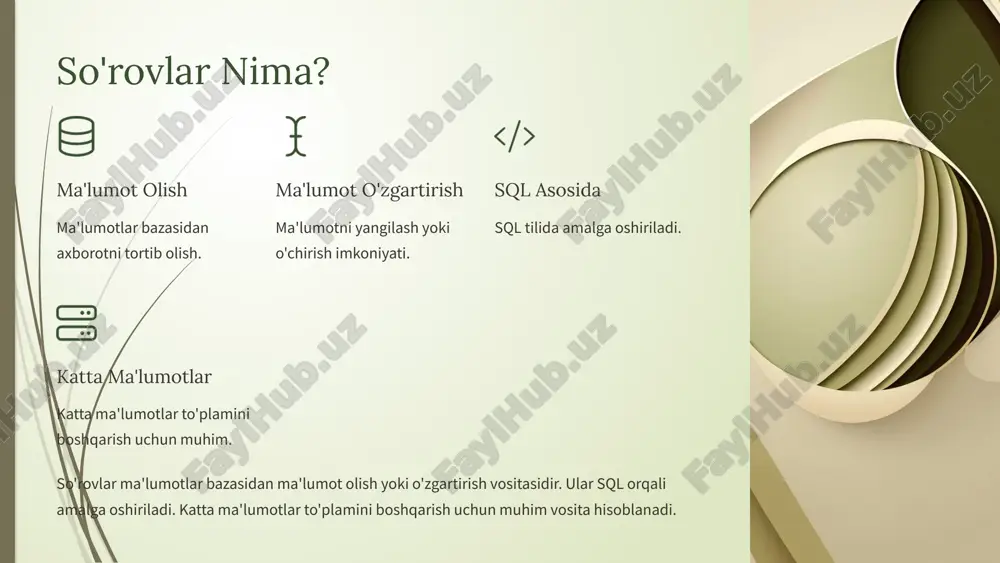 toza va o'qishga qulay sintaksisni ko'rsatadi. parametrlarni xavfsiz bog'lash ta'minlanadi. querybuilder.select("ismi", "email").from("foydalanuvchilar").build(); natija: select ismi, email from foydalanuvchilar; 6 murakkab so'rovlar va shartlar misoli yosh va holat yosh 18 dan katta va holati "faol" bo'lganlar. sanalarni tartiblash "yaratilgan_sana" bo'yicha kamayish tartibida. cheklash faqat birinchi 10 ta natijani olish. querybuilder.where("yosh").greaterthan(18).and("holat").equals("faol").orderby("yaratilgan_sana").desc().limit(10); natija: select * from table where yosh > 18 and holat = 'faol' order by yaratilgan_sana desc limit 10; 7 konstruktorlarning amaliy foydalari konstruktorlar dasturiy ta'minotdagi xato darajasini kamaytiradi. kodingizni o'qish qulayligini oshiradi. jamoaviy ishda samaradorlikni oshiradi. refactoring va avtomatik testlashni osonlashtiradi. 30% xato darajasi kamayishi 50% o'qish qulayligi 20% samaradorlik o'sishi 8 ilg'or foydalanish holatlari konstruktorlar yordamida murakkab sql operatsiyalarini bajarish mumkin. ular join, agregatsiya funksiyalari va dml so'rovlarini qurish imkonini beradi. maxsus so'rovlar va saqlangan protseduralar bilan ishlash ham mumkin. join operatsiyalari inner join, left join kabi operatsiyalarni bajarish. agregatsiya funksiyalari count, sum, avg kabi funksiyalarni qo'llash. dml so'rovlari …