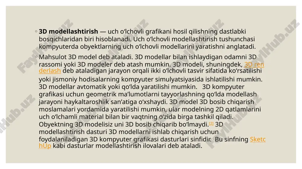 urlarni ishlab chiqish uchun dasturiy tillarni qoʻllash kerak boʻladi. c/c++, java, python, javascript, c# dasturiy tillar shular jumlasidandir. tayyor 3d-modellarni dasturiy holga keltirish uchun translyatorlarda dasturiy kodlar yozilishi talab etiladi. bu esa koʻplab dasturiy kodlarni talab etadi. mazkur ishlarni optimallashtirish maqsadida bir qator grafik dasturiy taʼminotlar ishlab chiqilgan. 2005-yilda ishlab chiqilgan „unity 3d“ dasturi shular jumlasidandir. „unity 3d“ bu 3d dasturiy mahsulotlar hamda oʻyinlar ishlab chiqarishdagi eng qulay dasturiy taʼminotlardan biri hisoblanadi. „unity“ da tayyor 3d modellarni yuklab olish mumkin hamda ularga c# yoki javascript tillarida skript kodlar yozib birlashtirish mumkin. „unity 3d“da ishlash ancha qulay: yaratilayotgan dastur uchun kerakli materiallarni bitta katalogga avtomatik nusxalab saqlab qoʻyish imkoniyati; skript kodlar alohida yozilib keyin obyektlarga birlashtirilishi; tayyorlanayotgan dasturiy mahsulotni koʻrib turish qulayligi va eng asosiysi; koʻpgina platformalar uchun dasturni kompilyatsiya qilish imkoniyati mavjudligidir.[4] dastur ustida ishlar bajarilgandan soʻng uni quyidagi platformalar uchun kompilyatsiya qilib chiqarish mumkin: linux, windows, mac shaxsiy kompyuterlar …