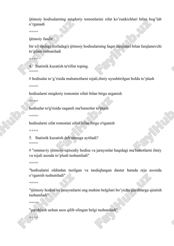 i # tasodifiy xato va reprezentativ xato ==== kritik xato ==== reprezentativ xato ==== tasodifiy xato ++++ 8. kuzatishda ma'lumotlar qayd qilinishi qanday vaqtlar uchun amalga oshiriladi. # davriy va momentli (kritik fursat) ==== kunlik,oylik va yillik ==== joriy va bazis davr ==== oylik va yillik ++++ 9. agar o’rtacha miqdor mohiyati jihatidan tubdan farq qiluvchi alohida miqdorlar bo’yicha hisoblansa,u holda bu o’rtacha: # qalbaki ko’rsatkichga aylanadi ==== qalbaki ko’rsatkichga aylanmaydi ==== soxta ko’rsatkichga aylanmaydi ==== o’z mazmunini mutlaqo yo’qotmaydi ++++ 10. intensiv nisbiy miqdor deb nimaga aytiladi? # hodisa va jarayonlarning tarqalish zichligini bildiradi ==== u yoki bu ijtimoiy hodisalarning hajmini va miqdorini ma'lum vaqtda,ma'lum joyda o’rganilishi tushuniladi ==== bir miqdorning ikkinchi miqdorga nisbatidir ==== koeffisientda,foizda,premollida,prodesimellida ++++ 11. mutloq miqdorlar deb nimaga aytiladi? # u yoki bu ijtimoiy xodisalarning hajmini va miqdorini ma’lum vaqtda,ma’lum joyda o‘rganilishi tushuniladi ==== bir miqdorning ikkinchi miqdorga nisbatidir ==== hodisa va jarayonlarning tarqalish zichligini …