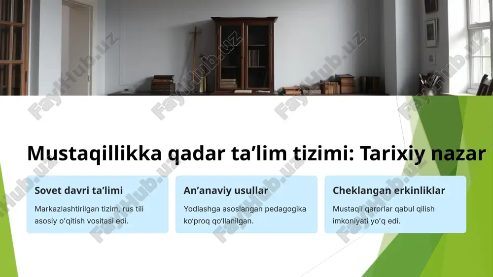 ik yangi pedagogika metodlari va texnologiyalari kiritildi. onlayn taʼlim oʻqituvchilarning masofaviy malakasini oshirish imkoniyati. davomiy taʼlim har yili professional rivojlanish uchun seminarlar oʻtkaziladi. 6 taʼlim sifatini oshirish boʻyicha choralar yangi o‘quv dasturlari fanlar bo‘yicha zamonaviy va xalqaro standartlarga moslashtirilgan. texnologiyalarni joriy etish interaktiv darslar uchun axborot texnologiyalaridan foydalanish. 7 xalqaro hamkorlik va grantlar hamkorlik dasturlari chetdan tajriba va resurslarni olib kelish. grantlar taʼlim loyihalariga moliyaviy qoʻllab-quvvatlash. taʼlim sifatini yaxshilash global standartlar bo‘yicha yangilanishlar kiritish. 8 pedagogik fikrlar rivoji: ilmiy tadqiqotlar yangi metodologiyalar taʼlim samaradorligini oshirishga qaratilgan izlanishlar. 1 innovatsion yondashuvlar texnologiya va psixologiyadan foydalangan darslar. 2 amaliy tadqiqotlar maktablarda sinovdan oʻtkazilgan yangi pedagogik tajribalar. 3 9 ta’lim sifatini oshirish maqsadida xalqaro hamkorlikka alohida e’tibor qaratildi. xususan, bir qator xorijiy universitetlarning filiallari ochildi. masalan, toshkent shahrida buyuk britaniyaning vestminster universiteti, singapurning menejmentni rivojlantirish instituti, italiyaning turin politexnika universiteti kabi nufuzli oliy o‘quv yurtlarining filiallari faoliyat yuritmoqda. bu esa talabalarga xalqaro standartlarga …