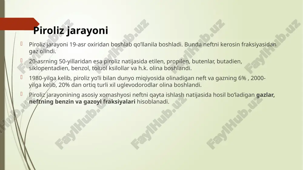 gan mahsulot chiqimi, destruksiyaga uchratish darajasi xomashyoning uglevodorod tarkibiga bog'liq. masalan. c2-c4 tarkibli gazlar va benzin fraksiyasidagi n-parafinlarni piroliz qilish natijasida, asosan pirogaz hosil bo'ladi. piroliz jarayoni isitiladigan reaktorlarda olib boriladi. jarayonga quyidagi texnologik parametrlar ta'sir etadi: temperatura, xomashyoni reaktorga kelish vaqti va suv bug'i konsentratsiyasi (suyultirgich). temperatura ko'tarilishi bilan reaksiya tezligi ortadi. piroliz jarayoni unumdorligi xomashyoni reaksiya zonasiga kelish vaqtiga bog'liq. piroliz reaktori suv bug'ini piroliz reaktorlariga yuborishdan asosiy maqsad, uglevodorodlarni parsial bosimini pasaytirish va oraliq reaksiyalar tezligini kamaytirishdir. suv bug’i konsentratsiyasi ortishi bilan etilen, buten, butadien hosil bo'lishi ko'payadi, aromatik uglevodorodlar chiqimi kamayadi. sanoatda piroliz jarayoni 800 - 1200 °c da quvurli pechlarda amalga oshiriladi. quvurli pechlarning tuzilishining oddiyligi ularga xizmat ko'rsatish osonligi bu usulning boshqa sanoat usullardan ustunligini taminlaydi. biroq piroliz jarayoning yuqori temperaturada borishi, usulning energiya talabi yuqoriligini anglatadi. yuqori temperatura sharoitida ko'plab qo'shimcha reaksiyalar borib - qurum, piroliz distilyati, smolalar, aromatik birikmalar hosil qiladi. to’yinmagan …