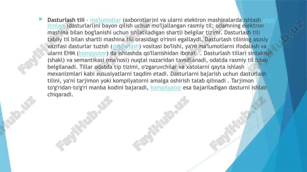 ayta ishlash xatolarni boshqarishni osonlashtiradi, lekin ishlash xarajati. dasturlash tili nazariyasi – bu dasturlash tillarini loyihalash, amalga oshirish, tahlil qilish, tavsiflash va tasniflashni oʻrganadigan kompyuter fanining kichik sohasi . taʼriflar dasturlash tillari tabiiy tillardan shu bilan farq qiladiki, tabiiy tillar odamlar oʻrtasidagi oʻzaro aloqa uchun ishlatiladi, dasturlash tillari esa odamlarga koʻrsatmalarni mashinalarga etkazish uchun moʻljallangan.iqtibos kerak boʻladi. kompyuter tili atamasi baʼzan „dasturlash tili“ bilan bir-birining oʻrnida ishlatiladi. biroq bu atamalardan foydalanish mualliflar orasida farq qiladi. bir foydalanishda dasturlash tillari kompyuter tillarining kichik toʻplami sifatida tavsiflanadi. xuddi shunday, „kompyuter tili“ atamasi „dasturlash tili“ atamasidan farqli ravishda hisoblashda ishlatiladigan, lekin dasturlash tillari hisoblanmaydigan tillarni tavsiflash uchun ishlatilishi mumkin [ iqtibos keltirish kerak – masalan, belgilash tillari. baʼzi mualliflar „dasturlash tili“ atamasini turingning toʻliq tillari bilan cheklaydilar. koʻpgina amaliy dasturlash tillari [[turing] toʻliq boʻlib, ular qaysi dasturlarda hisoblashi mumkinligi bilan tengdir. yana bir foydalanish dasturlash tillarini mavhum mashinalarni dasturlash uchun nazariy konstruktsiyalar va …