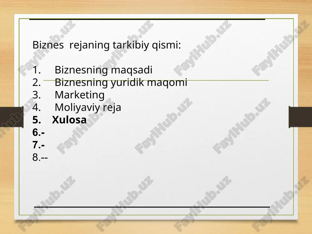 lishi va bu xizmat _______________________ viloyatida rivojlanmaganligi kuchsiz tomonlar mablag’ni to’la ish boshlash uchun yetarli emasligi imkonoyatlar xizmat ko`rsatishni ____________________ viloyati bo`yicha kengaytirish to’siqlar elektr energiyasi doimiy yetkazib berilmasligi № lavozimi ishchi soni 1 boshqaruvchi-maxsulot yetkazib beruvchi 1 400 000 2 xamir qoruvchi 2 300 000 3 maxsulotni tayyor xolga keltiruvchi 2 300 000 jami: 5 ta 1 600 000 _____________________________________________________ tomonidan band qilinadigan ish o’rni xulosa xulosa qilib aytganda ushbu biznes reja amalga oshirilishi kutilgan loyiha real foydaga erishishga asoslangan bo’lib bu loyihani namangan shahrida kerakli bo’lgan segmentlari o’rganilgan joyda olib boriladi. korxona faoliyatida topilgan foydasi hisobidan soha bo’yicha yangi texnalogiyalarni olib kelish yo’li bilan yangi ish o’rinlarini yaratish, ularga yoshlarni jalb qilish, xizmat turlarini ko’paytirish asosiy maqsad qilib qo’yilgan… kutilayotga oylik foyda 2 086 524 so’m, yillik 25 038 288 so’mdan iborat. bu ko’rsatkichni keyingi yilga ikki yoki uch martagacha kengaytirish ko’zda tutilgan. e`tiboringiz uchun rahmat 