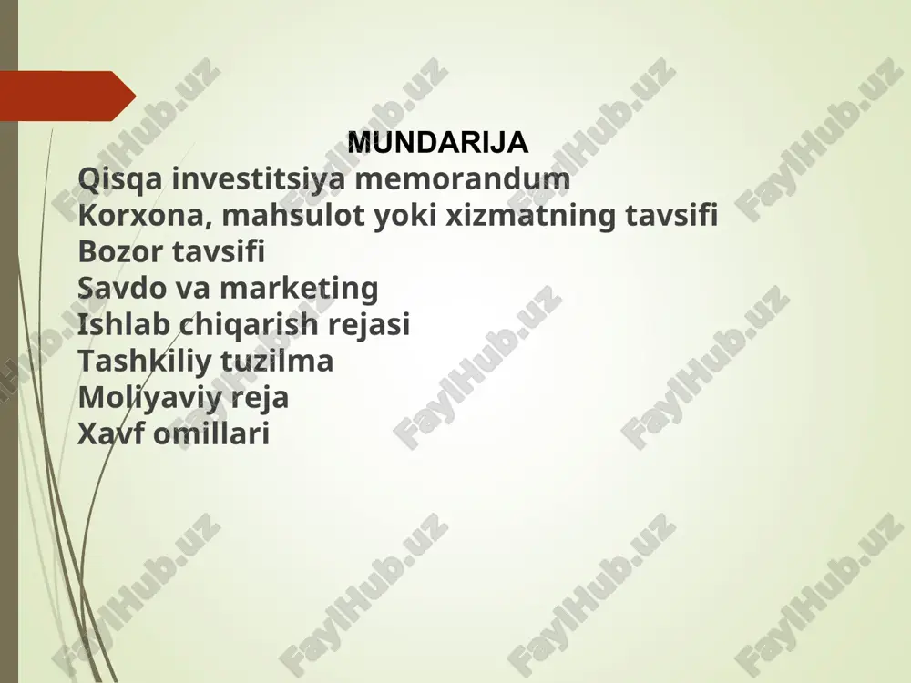 ayta ishlangan mahsulot turlari va hajmlari bo'yicha mijozlarning talablariga individual yondashish qishloq xo'jaligi xoldinglarining raqobati sifatsiz xodimlar uskunalarning buzilishi epidemiologik sabablar loyihaning xususiyatlari: loyihaga tahdidlar: echkilar sonini ko'paytirish, yuqori sifatli maxsus nasldor zotli bolalarni etkazib berish davlat va kommunal ta'minotchilar - iste'molchilar bilan ishlash echki sutini qayta ishlashning tegishli turlarini yaratish qishloq xo'jaligi xoldinglarining raqobati oziq-ovqat narxlari oshmoqda ijara miqdorini oshirish, ijarani bekor qilish xarid qilish qobiliyatining pasayishi va qishloq xo'jalik mahsulotlariga talabning pasayishi bozor tavsifi 1. 2018-2019 yillarda mamlakatda echki suti ishlab chiqarish hajmi. - 250 ming tonna. 2015 yildan beri bozor pasaymoqda. ammo mutaxassislarning fikriga ko'ra, 2018 yildan beri bozor har yili 2-3 foizga o'sib bormoqda. 2. sut ishlab chiqaruvchilar milliy uyushmasi ma'lumotlariga ko'ra, rossiyaning echki sut mahsulotlari bozori hajmi pul ko'rinishida 3,5 milliard rublni tashkil etadi. savdo va marketing maqsadli auditoriya yakka tartibda buyurtma asosida qishloq xo'jaligi mahsulotlari etkazib beriladigan xususiy shaxslar kichik formatdagi oziq-ovqat chakana savdo …