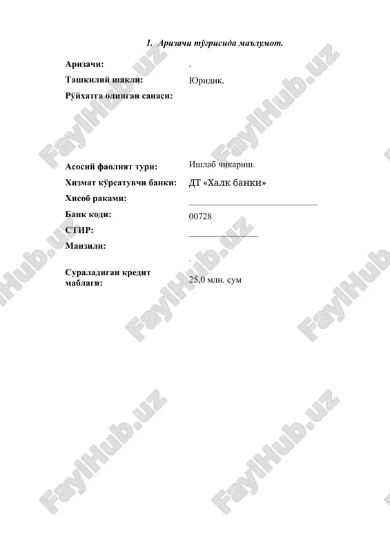 kilotlar uchun talab ehtiyojlariga ko'ra elektro shitlar bilan ta'minlash. bozordagi ulushimiz: biz mahsulot ishlab chikarishni rejalashtirayotgan hududda bizning ulushimiz 90% ni tashkil qiladi. narx qo'yish tizimi: bozor sharoitiga moslashgan xolda. sotish kanali: ishlab chiqaruvchi→ korxona-tashkilot va aholi 4. loyihaning asosiy tahlili. № nomi ul.birl. miqdori 1 sotishdan tushgan tushum ming sum 135251,3 2 loyihaning bahosi ming sum 35000,0 3 shu jumladan kredit hisobidan ming sum 25000,0 4 loyihani amalga oshirish muddati yil 2 5 kredit ustama to'lovi % 14 6 jami qaytariladigan mablag' ming sum 29520,1 7 shu jumladan kredit ming sum 25000,0 8 ustama to'lovi ming sum 4520,1 9 ish o'rinlar soni kishi 4 10 sof foyda ming sum 19068,7 11 renabillik darajasi % 14,0 5. shtatlar jadvali. № lavozimi soni bir oyga bir yilga 25%li yag. ijt. to'lov 1 direktor 1 188287 2259444 564861 2 hisobchi 1 174835 2098020 524505 3 ishchi 2 262252 3147024 786756 jami: 4 …
