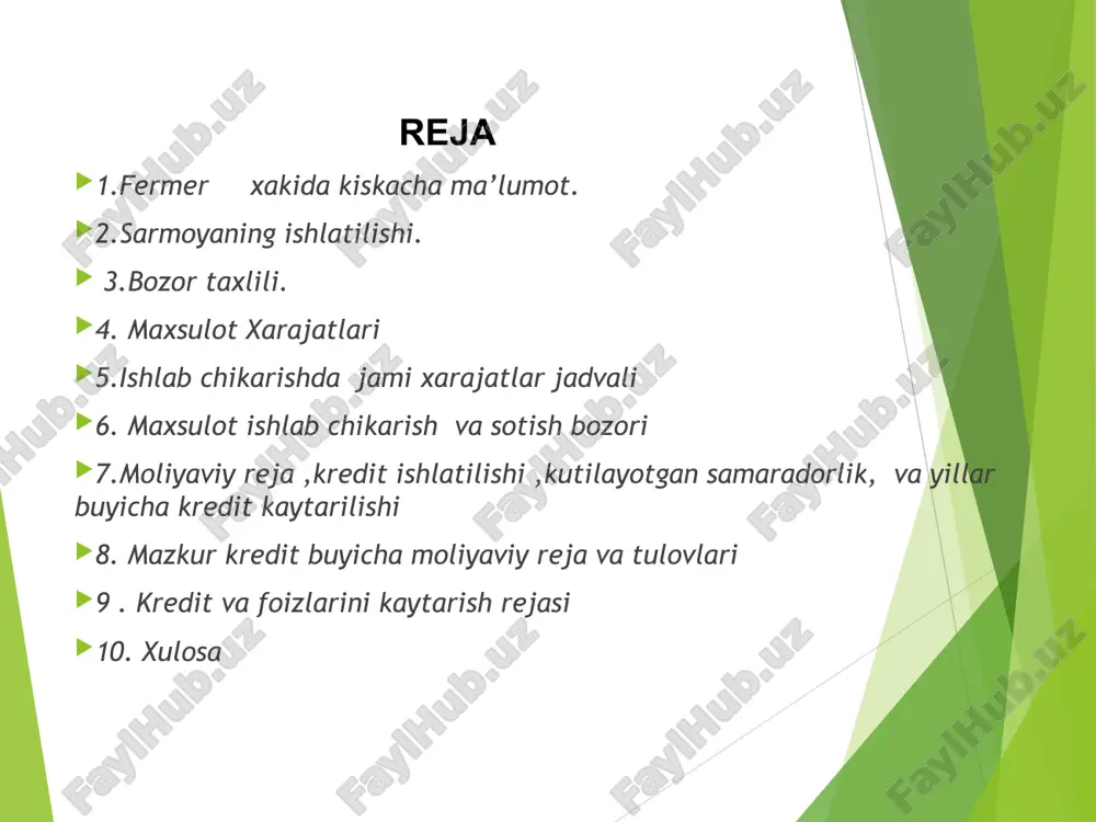 tan arzon narxda axoliga yetkazib berish rejalashtirilgan. mijozlarga uz vaktida buyurtma buyicha va umumiy tartibda maxsulotlar yetkazib berish xizmatlarini kursatadi. ishlab chiqarish rejasi 2009 yil fermer xujaligi ixtiyorida bulgan 88,8 ga yer maydoning 40 ga yer maydoniga paxta ekilgan xamda yer maydonining 30,8 ga yer maydoniga galla ekilgan bulib davlat rejalarini ziyoti bilan bajargan yillar buyicha kutilayotgan samaradorlik maxsulot nomi 2010 yil maxsulot yetishtirish xizmat kursatish maxsulot sotilishi xizmat kursatish ulchov birl. i-chorak ii-chorak iii-chorak iy-chorak mikdo- ri (tn) ga narxi (sum) summasi (ming.sum ) paxta ( 43 ga ) tn. 0 0 140 0 140 564285 79000,0 galla ( 45 ) ga tn 0 153 0 0 153 236 000 36108,0 bodring (issikxonada ) tn 0 0 0 30 30 1000 30000,0 pamidor (issikxonada) tn 0 0 0 0 0 0 0 jami: 145108,0 maxsulot nomi 2012 yil maxsulot yetishtirish xizmat kursatish maxsulot sotilishi xizmat kursatish ulchov birl. i-chorak …