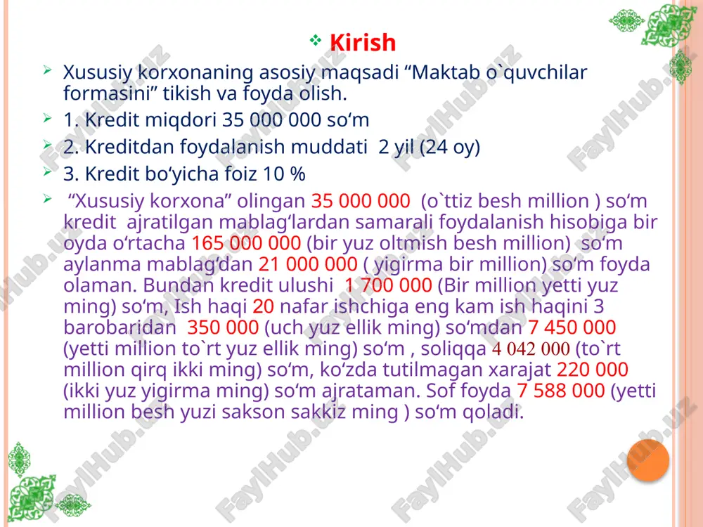 ‘quvchi formasi dona 55 000 3 000 165 000 000 36 000 1 980 000 000 quyidagi jadvalda maxsulot ishlab chiqarish xajmi unga sarf bo`ladigan sarf xarajatlar va olinadigan foydani ko`rib o`tamiz. № xarajat nomi 1 oyda(so`m) bir yilda(so`m) 1 komunal xarajatlar 136 000 1 632 000 2 ko‘zda tutilmagan va transport xarajatlari 84 000 1 008 000 3 ishlab chiqarish tannarxi, xom ashyo 144 000 000 1 728 000 000 4 ishlab chiqarishdan tushgan tushum 165 000 000 1 980 000 000 5 faoliyatdan ko‘rilgan foyda 21 000 000 252 000 000 xodimlarga sarflanadigan xarajatlar № xodimlar lavozimi soni oylik ish haqi yillik ish haqi 1 rahbar . 1 600 000 7 200 000 2 bosh hisobchi. 1 550 000 6 600 000 3 ishchilar 18 6 300 000 75 600 000 4 jami. 20 7 450 000 89 400 000 5 ish haqidan 25%li to‘lov. 20 1 750 …