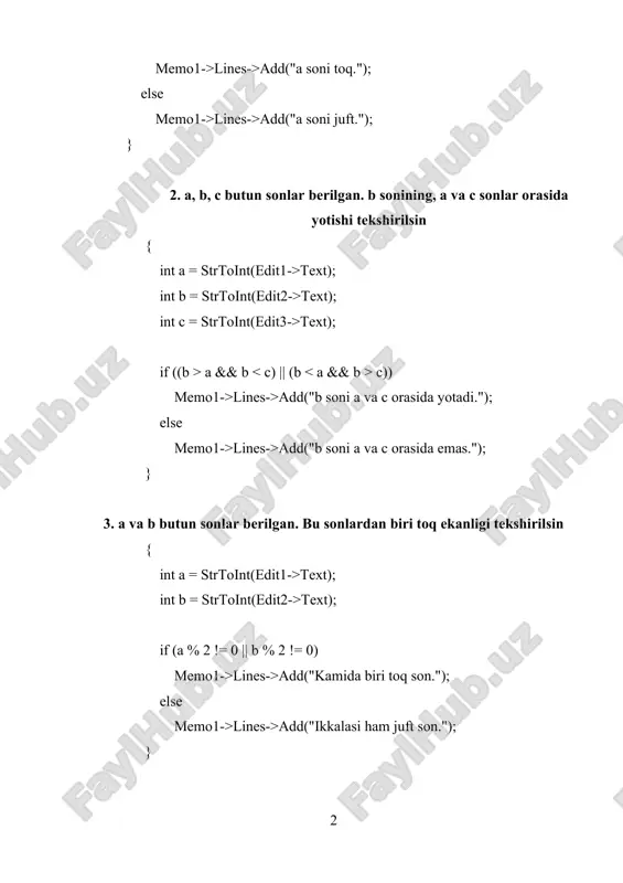 ardan biri toq ekanligi tekshirilsin { int a = strtoint(edit1->text); int b = strtoint(edit2->text); if (a % 2 != 0 || b % 2 != 0) memo1->lines->add("kamida biri toq son."); else memo1->lines->add("ikkalasi ham juft son."); } 1. a, b, c butun sonlar berilgan. ularning har biri musbat ekanligi tekshirilsin { int a = strtoint(edit1->text); int b = strtoint(edit2->text); int c = strtoint(edit3->text); if (a > 0 && b > 0 && c > 0) memo1->lines->add("barcha sonlar musbat."); else memo1->lines->add("kamida bittasi musbat emas."); } 5. a, b, c butun sonlar berilgan. faqat ulardan bittasi musbatligi tekshirilsin { int a = strtoint(edit1->text); int b = strtoint(edit2->text); int c = strtoint(edit3->text); int musbat_sonlar = (a > 0) + (b > 0) + (c > 0); if (musbat_sonlar == 1) memo1->lines->add("faqat bitta son musbat."); else memo1->lines->add("shart bajarilmadi."); } 6. butun musbat son berilgan. uning juftligi va ikki xonali ekanligi tekshirilsin { int a = …