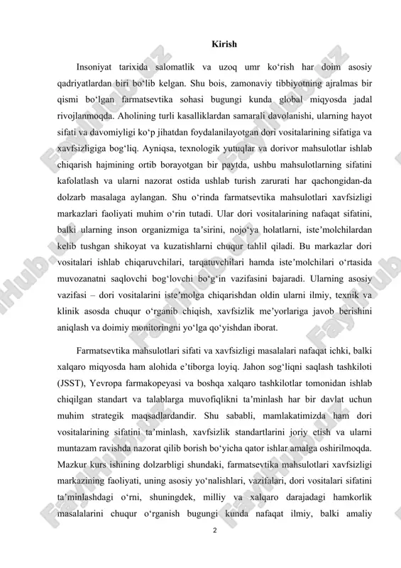 chiqilgan standart va talablarga muvofiqlikni taʼminlash har bir davlat uchun muhim strategik maqsadlardandir. shu sababli, mamlakatimizda ham dori vositalarining sifatini taʼminlash, xavfsizlik standartlarini joriy etish va ularni muntazam ravishda nazorat qilib borish bo‘yicha qator ishlar amalga oshirilmoqda. mazkur kurs ishining dolzarbligi shundaki, farmatsevtika mahsulotlari xavfsizligi markazining faoliyati, uning asosiy yo‘nalishlari, vazifalari, dori vositalari sifatini taʼminlashdagi o‘rni, shuningdek, milliy va xalqaro darajadagi hamkorlik masalalarini chuqur o‘rganish bugungi kunda nafaqat ilmiy, balki amaliy ahamiyatga ham ega. zero, sifatli va xavfsiz dori vositalari orqali sog‘lom jamiyatga erishish mumkin. shu maqsadda, ushbu ishda farmatsevtika mahsulotlari xavfsizligi markazining mazkur jarayondagi o‘rni va roli har tomonlama tahlil qilinadi. kurs ishining dolzarbligi. farmatsevtika mahsulotlari sifatini ta’minlash va ularning xavfsizligini nazorat qilish bugungi kundagi eng muhim va dolzarb masalalardan biridir. aholi salomatligini himoya qilishda sifatsiz yoki qalbakilashtirilgan dori vositalarining oldini olish juda muhim ahamiyatga ega. farmatsevtika mahsulotlari xavfsizligi markazi esa bu borada ilmiy-amaliy faoliyat olib boruvchi muhim tizimlardan …