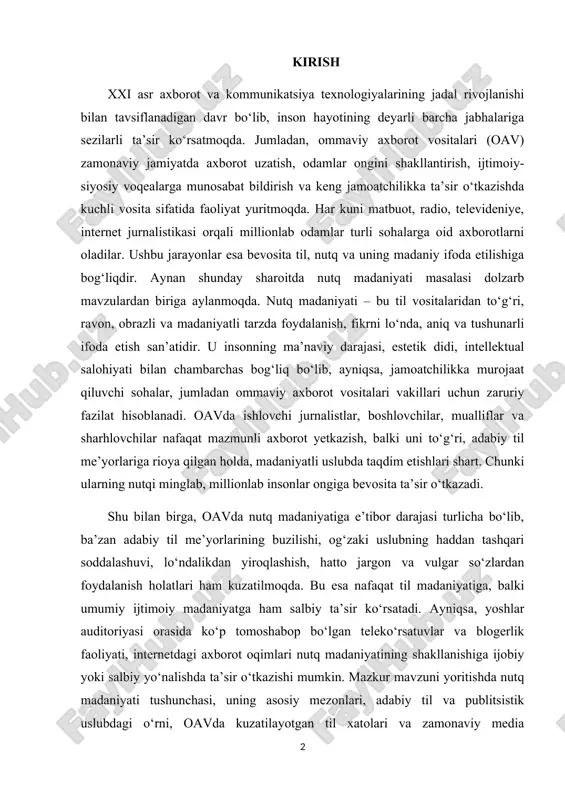sh, hatto jargon va vulgar so‘zlardan foydalanish holatlari ham kuzatilmoqda. bu esa nafaqat til madaniyatiga, balki umumiy ijtimoiy madaniyatga ham salbiy ta’sir ko‘rsatadi. ayniqsa, yoshlar auditoriyasi orasida ko‘p tomoshabop bo‘lgan teleko‘rsatuvlar va blogerlik faoliyati, internetdagi axborot oqimlari nutq madaniyatining shakllanishiga ijobiy yoki salbiy yo‘nalishda ta’sir o‘tkazishi mumkin. mazkur mavzuni yoritishda nutq madaniyati tushunchasi, uning asosiy mezonlari, adabiy til va publitsistik uslubdagi o‘rni, oavda kuzatilayotgan til xatolari va zamonaviy media vositalaridagi holatlar atroflicha tahlil qilinadi. mavzuning dolzarbligi shundaki, bugungi kunda oav orqali milliy tilimizni to‘g‘ri, mazmunli va madaniyatli ifoda qilish orqali jamiyatda ma’naviy uyg‘onish, estetik didning shakllanishi, madaniy saviyaning yuksalishiga hissa qo‘shish mumkin. shu bois ushbu mavzuni chuqur o‘rganish va tahlil qilish, ayniqsa, bo‘lajak mutaxassislar va tilshunoslar uchun muhim ilmiy-amaliy ahamiyat kasb etadi. kurs ishining dolzarbligi. zamonaviy axborot jamiyatida ommaviy axborot vositalarining roli kun sayin ortib bormoqda. ular nafaqat axborot tarqatish vositasi, balki ijtimoiy ongni shakllantiruvchi kuchli vosita sifatida e’tirof etilmoqda. …