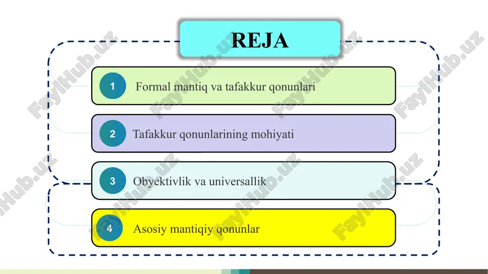i tafakkur qonunlari inson tafakkuridan mustaqil bo‘lgan obyektiv qonuniyatlarga asoslanadi. ular tabiat va jamiyatdagi tartib va sabab-oqibat munosabatlarini aks ettiradi. shu bois bu qonunlar inson irodasiga bog‘liq bo‘lmay, hamma uchun bir xil amal qiladi. 2 mantiq qonunlarining universalligi mantiq qonunlari barcha fan va bilim sohalarida qo‘llaniladi. ularning universalligi shundaki, ular vaqt va makon bilan chegaralanmagan, har qanday fikrlash jarayonida amal qiladi. ilmiy tadqiqotlardan tortib kundalik hayotgacha, to‘g‘ri fikr yuritish ularni bilishga tayanadi. 3 obyektivlik va universallikning tafakkur madaniyatidagi o‘rni obyektivlik va universallik tafakkur madaniyatining asosini tashkil etadi. ular insonni mantiqan o‘ylashga, dalillarga asoslanishga va xatolardan saqlanishga o‘rgatadi. shu bois mantiq qonunlarini bilish har bir insonning tafakkur madaniyatini yuksaltiradi. asosiy mantiqiy qonunlar ayniyat qonuni (a = a) bu qonunga ko‘ra, har qanday fikr o‘ziga aynan teng bo‘lishi kerak. fikrning mazmuni o‘zgarmasligi, aniqligi va izchilligi ayniyat qonunining mohiyatidir. zidlik (qarama-qarshilik) qonuni bir vaqtning o‘zida bir narsa haqidagi ikki qarama-qarshi fikr to‘g‘ri bo‘la …