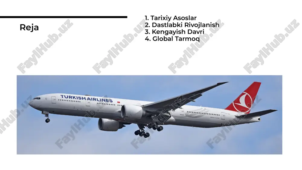 tlar strategiyalari doimiy ravishda yangilanadi. muvaffaqiyatli strategiyalar mijozlarning fikrlari turkish airlines uchun juda muhim. ular so'rovlar va tahlillar orqali xizmatlarni yaxshilash imkoniyatini topadilar. mijozlar fikri turkish airlines kelajakda o'z xizmatlarini yanada kengaytirishni rejalashtirmoqda. yangi yo'nalishlar va texnologiyalar joriy etilishi kutilmoqda. kelajakdagi rejalar ushbu taqdimotda biz turkish airlinesning rivojlanishi, evolyutsiyasi va tarixda hozirgi o'rni haqida muhokama qildik. kompaniya global aviatsiya sohasida muhim rol o'ynaydi va kelajakda ham o'z o'rnini saqlab qoladi. xulosa