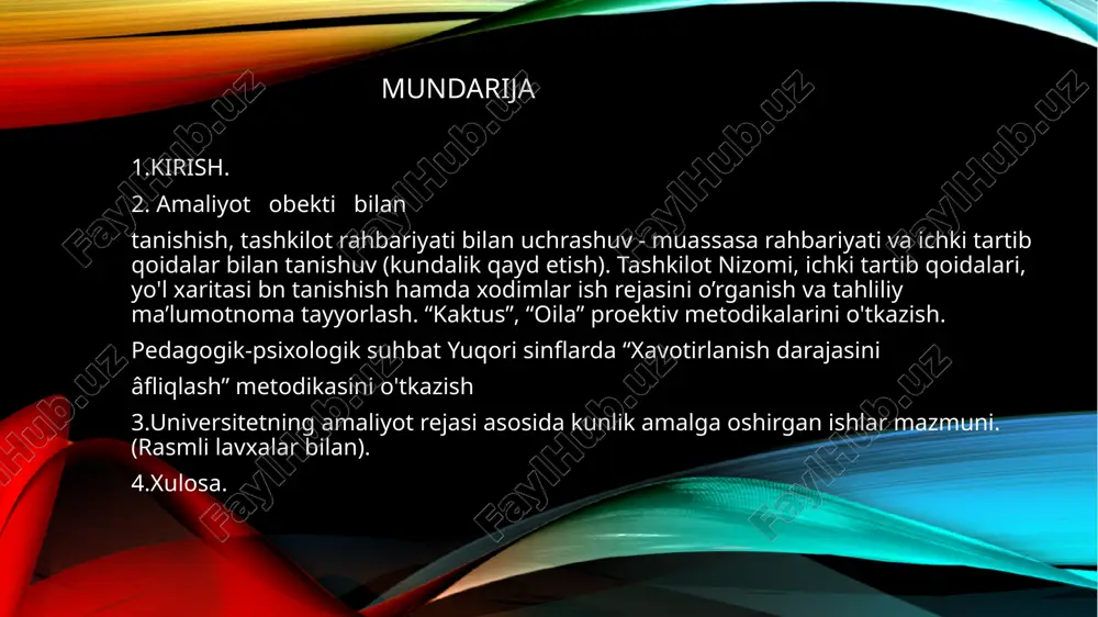 xususiyatlari, har bir o‘quvchining o‘ziga xos jihatlari haqida ma’lumot oldim. o‘quvchilarning o‘qish motivatsiyasi, ijtimoiy muhitga moslashuvi va o‘zaro munosabatlari bo‘yicha fikr almashdik. amaliyotning uchinchi kuni 05.03.2025 tashkilot psixologining hujjatlari bilan tanishdim, faoliyati va ish jarayonlari haqida ma’lumot oldim. biriktirilgan sinf bilan tanishuv o‘tkazdim, o‘quvchilar muhitini o‘rgandim. guruh bilan suhbat tashkil etib, “tanishuv” mashqini o‘tkazdim, bu orqali o‘quvchilarning o‘zaro munosabatlarini, jamoaviy muhitini va psixologik holatini tahlil qildim. amaliyotning to’rtinchi kuni 06.03.2025 8-9-sinf o‘quvchilari bilan “ruhiyat olamiga sayohat” mavzusida suhbat tashkil etdim. suhbat davomida o‘quvchilarning psixologik holati, ichki dunyosi va hissiy kechinmalari haqida fikr almashdik. ularning qiziqishlari va muammolarini aniqlashga harakat qilib, psixologik muhitni yaxshilashga qaratilgan tavsiyalar berdim. amaliyotning beshinchi kuni 07.03.2025 yuqori sinf o‘quvchilari bilan “xavotirlanish darajasini aniqlash” metodikasini o‘tkazdim. ushbu metodika orqali o‘quvchilarning ruhiy holati, stress darajasi va xavotirlanish omillarini aniqladim. natijalarga asoslanib, ularga psixologik tavsiyalar berildi hamda xavotirni kamaytirishga qaratilgan mashqlar tavsiya etildi. amaliyotning oltinchi kuni 10.03.2025 o‘quvchilarda “tashkilotchilik …