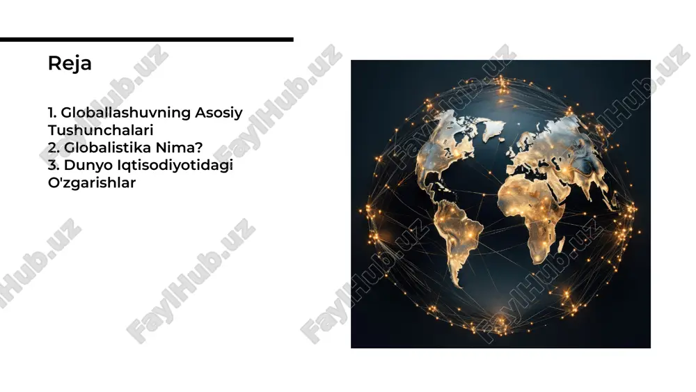 densiyalar dunyo iqtisodiyotida global muammolar mavjud. qashshoqlik, ishsizlik va iqlim o'zgarishi kabi masalalar xalqlar o'rtasida hamkorlikni talab qiladi. ushbu muammolarni hal qilishda global yondashuv zarur. global iqtisodiy muammolar ushbu taqdimotda globallashuv va globalistika jarayonlarining ahamiyatini ko'rib chiqdik. dunyo iqtisodiyotidagi o'zgarishlar bizni yangi imkoniyatlar va muammolar bilan tanishtirmoqda. kelajakda bu jarayonlarni boshqarish uchun ko'p ish qilishimiz kerak. xulosa
