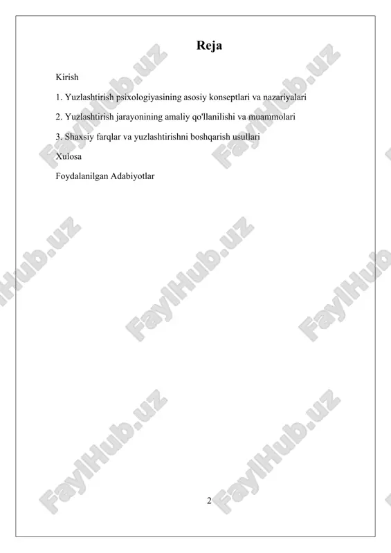 eradi. hozirgi vaqtda yuzlashtirish psixologiyasining o‘rganilishi insonlarning ijtimoiy va texnologik muhitga moslashuvi, shuningdek, shaxsning psixologik barqarorligini ta’minlash uchun muhimdir. biroq, shaxslarning individual farqlari va yuzlashtirish jarayonlarini boshqarish usullari bo‘yicha hali ham ko‘plab izlanishlar talab etiladi. bu soha rivojlanishi inson psixologiyasining chuqurroq tushunilishiga, psixologik muammolarni oldini olish va ularni davolashda yangi metodlarni ishlab chiqishga xizmat qiladi. yuzlashtirish psixologiyasi inson hayotining turli bosqichlarida muhim ahamiyatga ega bo‘lib, uning rivojlanishi va chuqurlashishi inson psixologiyasining dolzarb va rivojlanayotgan sohalaridan biri sifatida namoyon bo‘lmoqda. bu sohaning o‘rganilishi insonlarning ijtimoiy muhitga moslashuvi, stress va muammolar bilan kurashish qobiliyatini oshirishda muhim ahamiyat kasb etadi, shuningdek, psixoterapiya va ta’lim sohalarida yangi metodlar ishlab chiqilishiga asos bo‘lib xizmat qiladi. i. yuzlashtirish psixologiyasining asosiy konseptlari va nazariyalari yuzlashtirish psixologiyasi inson psixologiyasining muhim sohalaridan biri bo‘lib, u shaxsning o‘z maqsadlariga, harakatlariga va yashash tarziga ta’sir qiladigan psixologik jarayonlarni o‘rganadi. bu soha shaxsning o‘z xotirasi, motivatsiyasi, qaror qabul qilish va muomala jarayonlarini …