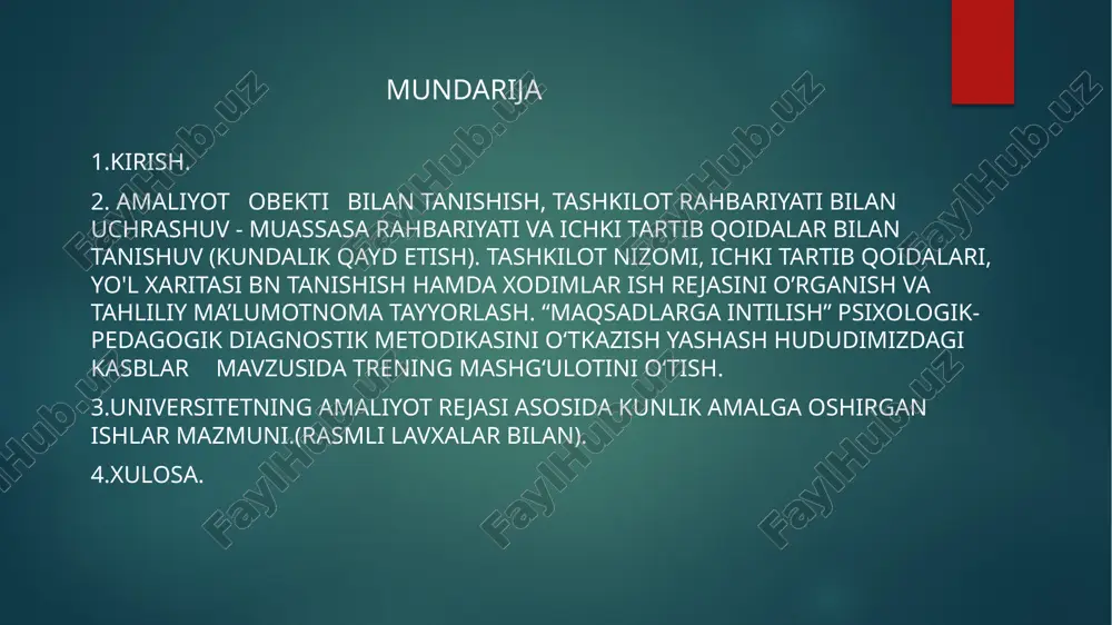 im. barcha parallel sinflardan o‘quvchilarni turli yo‘nalishlar bo‘yicha guruhlash orqali ularning ehtiyojlariga mos ravishda ijtimoiy-psixologik yordam ko‘rsatishni maqsad qildim. guruhlar shakllantirilgach, har bir guruhga xos psixologik va pedagogik yondashuvlar belgilandi, shu jumladan, ularning shaxsiy va ijtimoiy rivojlanishini qo‘llab-quvvatlash uchun zaruriy chora-tadbirlar ishlab chiqildi. bu reja o‘quvchilarning o‘zaro aloqalarini mustahkamlash, psixologik muammolarni hal qilish va ularning o‘z maqsadlariga erishishda yordam berish uchun samarali bo‘lishi kutilmoqda. amaliyotning to’rtinchi kuni 06.03.2025 tashkilot psixologining hujjatlari bilan tanishdim, jumladan, tashxis natijalari, psixokorreksion dasturlar va maslahat jarayonlari bo‘yicha materiallarni o‘rgandim. biriktirilgan sinf bilan tanishib, o‘quvchilarning shaxsiy xususiyatlari, o‘qish motivatsiyasi va o‘zaro munosabatlarini kuzatdim. guruh bilan suhbat tashkil etib, “tanishuv” mashqini o‘tkazdim. ushbu mashq orqali o‘quvchilar o‘zlari va bir-birlari haqidagi fikrlarini bildirishdi, o‘zlarini erkin ifoda etishga harakat qilishdi. mashg‘ulot davomida ijtimoiy faollik va kommunikativ qobiliyatlarini baholadim. amaliyotning beshinchi kuni 07.03.2025 bugun yuqori sinflarda "xavotirlanish darajasini o‘lchash" metodikasini o‘tkazdim. bu metodika orqali o‘quvchilarning stress, xavotir va tashvish darajasini …