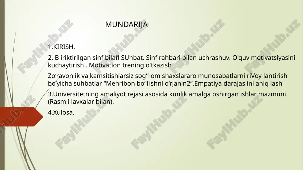 topshiriqlar berilib, ularning irodaviy sifatlari, mustaqil qaror qabul qilish qobiliyati va maqsad sari intilish darajasi baholandi. natijalar asosida ularga shaxsiy rivojlanish bo‘yicha tavsiyalar berdim. amaliyotning uchinchi kuni 05.03.2025 ertalab maktabga borib, 001-006 kodlash tizimi asosida korrektsion reja va guruhlarni shakllantirish ishlarini amalga oshirdim. barcha parallel sinflardan o‘quvchilarning individual ehtiyojlari va yo‘nalishlarini inobatga olib, ularni tegishli guruhlarga ajratdim.bu jarayonda psixolog va sinf rahbarlari bilan hamkorlik qilib, o‘quvchilarning ijtimoiy-psixologik holati, xulq-atvori va rivojlanish xususiyatlarini tahlil qildik. natijalarga asoslanib, korrektsion mashg‘ulotlar rejasi ishlab chiqildi. amaliyotning to’rtinchi kuni 06.03.2025 ertalab maktabga borib, 8-9-sinf o‘quvchilari bilan “ruhiyat olamiga sayohat” mavzusida suhbat va trening mashg‘uloti tashkil qildim. dastlab, o‘quvchilar bilan ochiq muloqot olib borib, ruhiy holat, hissiyotlar va inson psixologiyasining ahamiyati haqida tushunchalar berdim.trening davomida o‘quvchilar bilan ijodiy va interaktiv mashqlar, psixologik testlar o‘tkazildi. bu orqali ular o‘zlarini yaxshiroq tushunish, his-tuyg‘ularini boshqarish va o‘zaro munosabatlarini mustahkamlash bo‘yicha amaliy tajribaga ega bo‘ldilar. mashg‘ulot yakunida o‘quvchilarga o‘z ruhiy …