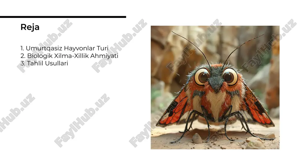 ahamiyatga ega. oʻzbekistonning resurslari oʻzbekiston umurtqasiz hayvonlar faunasining biologik xilma-xilligi muhim ahamiyatga ega. tahlil va muhofaza masalalari orqali biz ularni saqlab qolishimiz mumkin. kelajak avlodlar uchun bu xilma-xillikni saqlash zarur. xulosa