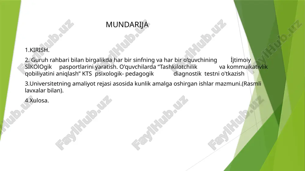 abga bordim. dastlab, dars (ish) jadvalining pedagogik-psixologik tahlilini olib bordim. o‘quvchilarning dars jarayonidagi faolligi, o‘qituvchilarning yondashuvi va psixologik muhitni kuzatdim. shuningdek, ijtimoiy himoyaga muhtoj oilalardagi voyaga yetmagan bolalar haqida ma’lumot yig‘ib, ularning holatini o‘rganish bo‘yicha mmibdo‘ va sinf rahbarlari bilan hamkorlik qildim. zo‘ravonlik va bosimning oldini olish bo‘yicha tahliliy ma’lumotlar tayyorlash uchun zarur kuzatuv va suhbatlar o‘tkazildi. amaliyotning to’rtinchi kuni 06.03.2025 dastlab, tashkilot psixologining hujjatlari bilan tanishdim. maktab psixologi tomonidan olib boriladigan ishlar, rejalashtirilgan tadbirlar va o‘quvchilarga tegishli psixologik hujjatlar bilan ishladim.shundan so‘ng, biriktirilgan sinf bilan tanishdim. o‘quvchilar bilan suhbat tashkil etib, “tanishuv” mashqini o‘tkazdim. mashg‘ulot davomida o‘quvchilar bir-birlari bilan erkin muloqot qilishdi va o‘zlari haqida qisqacha ma’lumot berishdi. bu esa sinf muhitini yaxshiroq tushunishga yordam berdi. amaliyotning beshinchi kuni 07.03.2025 ertalab soat 8:00 da maktabga bordim. dastlab, o‘quvchilarning motivatsiyasini oshirish maqsadida motivatsion trening o‘tkazdim. mashg‘ulot davomida o‘quvchilarga maqsad qo‘yish, ichki ishonchni shakllantirish va muvaffaqiyat sari intilish usullari haqida tushuntirish …
