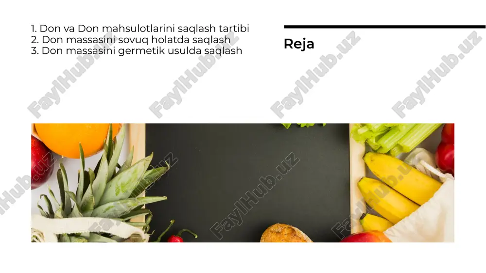 ga oshiriladi. don massasini sovuq holatda saqlash havoning ta'siri donlarni saqlashda havo ta'siri ham muhim. havo bilan aloqa donlarning sifatini pasaytirishi mumkin. havo o'tkazmaydigan idishlardan foydalanish tavsiya etiladi. donlarni saqlash muddati turli xil bo'lishi mumkin. yaroqlilik muddati har bir don turi uchun farq qiladi. muddati o'tgan donlar iste'molga yaroqsiz bo'lishi mumkin. saqlash muddatlari donlarni saqlashda kimyoviy ta'sirlar e'tiborga olinishi kerak. ba'zi kimyoviy moddalar donlarning sifatini pasaytirishi mumkin. tabiiy saqlash usullarini tanlash tavsiya etiladi. kimyoviy ta'sirlar don massasini germetik usulda saqlash — bu donni havo kira olmaydigan, ya’ni yopiq (germetik) sharoitda saqlash usulidir. bunda ombor yoki idish ichidagi havo almashinuvi to‘xtaydi, natijada kislorod kamayib, karbonat angidrid (co₂) miqdori ortadi. shu sababli donning nafas olishi sekinlashadi, zararkunandalar va mikroorganizmlar faoliyati to‘xtaydi. germetik saqlash don sifatini uzoq muddat saqlab qoladi, ayniqsa urug‘lik donlar uchun samarali hisoblanadi don massasini germetik usulda saqlash yuqori sifatli saqlash donlarni saqlashda yuqori sifatni ta'minlash uchun to'g'ri texnologiyalarni qo'llash …