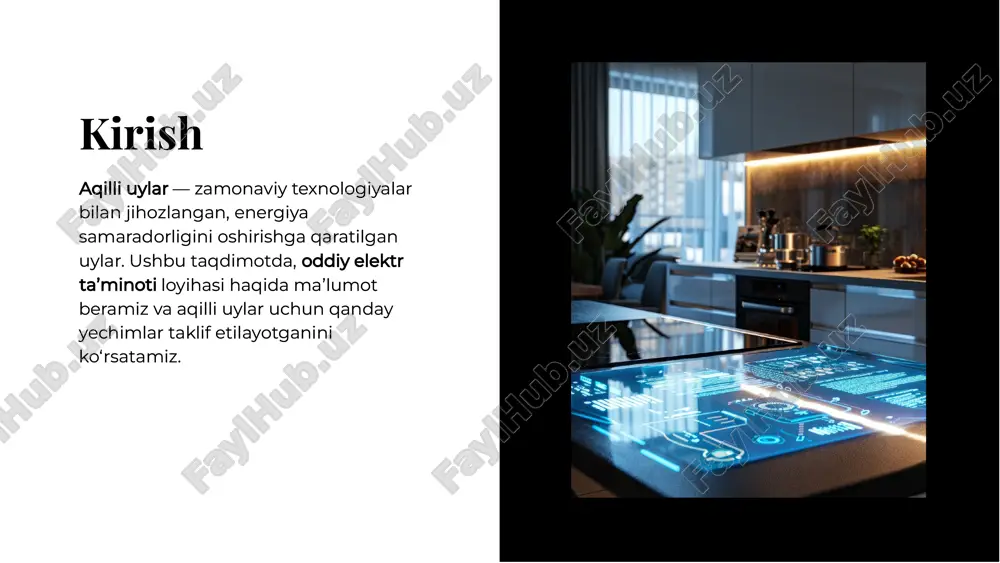 igienergiya samaradorligi aqilli uylar orqali energiya samaradorligini oshirish mumkin. avtomatlashtirilgan tizimlar yordamida energiya isteʼmolini nazorat qilish va tejamkorlikni taʼminlash imkoniyatlari mavjud. aqilli uylar orqali energiya samaradorligini oshirish mumkin. avtomatlashtirilgan tizimlar yordamida energiya isteʼmolini nazorat qilish va tejamkorlikni taʼminlash imkoniyatlari mavjud. xavfsizlik tizimlarixavfsizlik tizimlari aqilli uylar uchun xavfsizlik tizimlari muhim ahamiyatga ega. kameralar, sensorlar va boshqarish tizimlari yordamida uylarni himoya qilish va xavfsizlikni taʼminlash mumkin. aqilli uylar uchun xavfsizlik tizimlari muhim ahamiyatga ega. kameralar, sensorlar va boshqarish tizimlari yordamida uylarni himoya qilish va xavfsizlikni taʼminlash mumkin. iqtisodiy foydaiqtisodiy foyda aqilli uylar, energiya sarfini kamaytirish orqali iqtisodiy foyda keltiradi. tejamkorlik va qulaylik o‘z navbatida, uy egalarining hayot sifatini oshiradi. aqilli uylar, energiya sarfini kamaytirish orqali iqtisodiy foyda keltiradi. tejamkorlik va qulaylik o‘z navbatida, uy egalarining hayot sifatini oshiradi. muhandislik yondashuvimuhandislik yondashuvi loyihani amalga oshirishda muhandislik yondashuvi muhimdir. har bir elementni aniq rejalashtirish va boshqarish orqali samarali natijalarga erishish mumkin. loyihani amalga oshirishda …