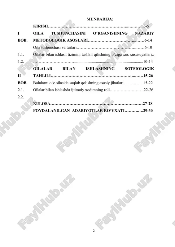 iyasi uchun hal qiluvchi ahamiyat kasb etadi. bugungi kunda turli ijtimoiy-iqtisodiy muammolar, oilaviy nizolar va boshqa omillar tufayli bolalarning oila muhitida yetarlicha tarbiya topmasligi yoki butunlay oilasiz qolish holatlari kuzatilmoqda. bu esa nafaqat bola huquqlarining buzilishiga, balki ularning psixologik, ma’naviy va jismoniy rivojlanishiga ham salbiy ta’sir ko‘rsatadi. bolani oilada saqlab qolish va uning sog‘lom muhitda o‘sishini ta’minlash, birinchi navbatda, oilalar bilan samarali ish olib borishni talab qiladi. shu maqsadda bolalarni oiladan ajratishdan ko‘ra, oilaning ichki resurslarini qo‘llab-quvvatlash, muammolarini bartaraf etish va oilaviy munosabatlarni yaxshilash bo‘yicha usul va strategiyalarni ishlab chiqish muhim ahamiyatga ega. mazkur mavzudagi tadqiqot ishi oilalar bilan ishlashning turli modellarini o‘rganish, profilaktik va reabilitatsion tadbirlardan foydalanish, shuningdek, bolalarni oilada saqlab qolishning innovatsion usullarini ishlab chiqishga qaratilgan bo‘lib, bugungi kunda juda ham dolzarb hisoblanadi. chunki davlat va jamiyatning bolalarga bo‘lgan mas’uliyati, ayniqsa, qiyin ahvolda qolgan oilalarga ko‘maklashish orqali ularning ajralib ketishini oldini olishga yo‘naltirilgan siyosati amalda o‘z natijasini berishi …