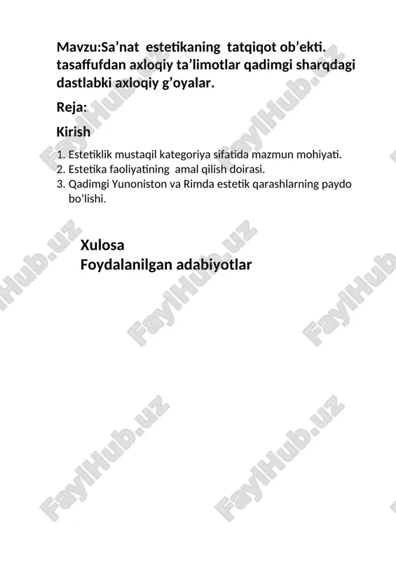 alohida oʻrinni egallaydi, u qadimdan to hozirgi kungacha eng koʻp tadqiq etilgan estetik soha hisoblanadi. estetikaning bu borada sanʼatshunoslik fanlaridan farqi shundaki, u oʻz obʼyektiga falsafiynazariy jihatdan yondashadi. estetika sanʼatni — sanʼatkor, sanʼat asari, sanʼat asarini idrok etuvchi shaxsdan iborat yaxlit tizimda olib oʻrganadi, barcha sanʼat turlari uchun zarur boʻlgan umumiy qonunqoidalarni ishlab chiqadi. mas, adabiyotshunoslikdatch qofiya nazariyasini musiqaga yoki haykaltaroshlikka nisbatan qoʻllab boʻlmaydi. estetikadagi kompozitsiya yoki uslub nazariyasi esa meʼmorlikdan tortib badiiy suratkashlikkacha boʻlgan hamma sanʼat turlariga taalluklidir. ayni paytda estetika sanʼatning tabiati, uning ijodiyligi va boshqalar jihatlarini tadqiq etadi; badiiy oqimlar va yoʻnalishlarning, ijodiy uslublarning mohiyatini oʻrganadi. 2. estetika faoliyatining amal qilish doirasi. (nafosat va go‘zallik dunyosi shu qadar xilma-xil, rango-rang, ehtirosli va sehrliki, unda moddiy va ma'naviy joziba uyg‘un holda namoyon bo'ladi. insonning nafosat olamini anglashga intilishi atrofvoqelikni anglashga intilishi bilan chambarchas bog'liqdir. nafosat olamini yaratish bilan bir qatorda uni anglash, idrok etish, o‘zlashtirish maqsadi, ya'ni nafosat …