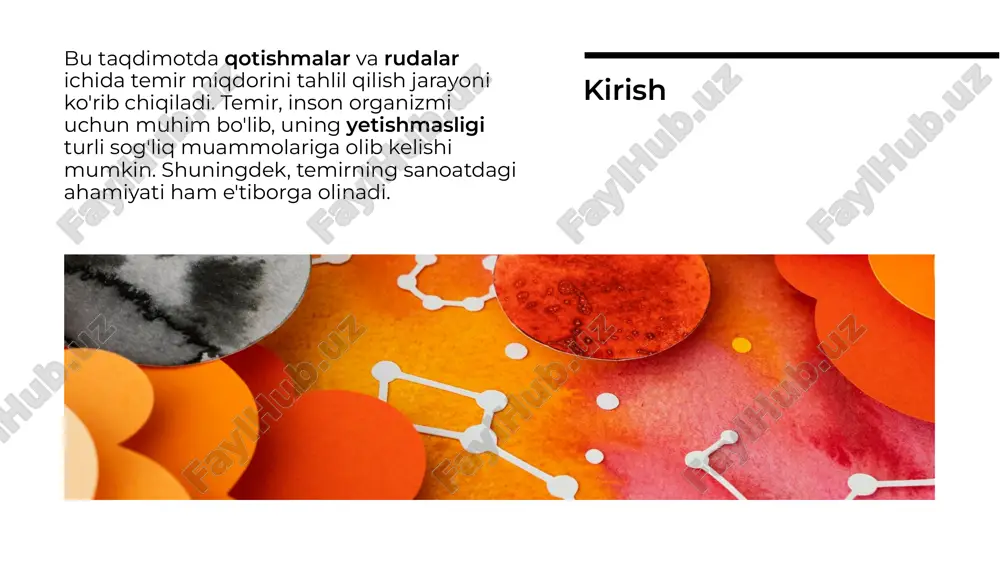 liq va temir temir miqdorini tahlil qilish qotishmalar va rudalar uchun muhimdir. bu jarayon orqali temirning sifatini va foydasini baholash mumkin. temirning ahamiyati va uning inson salomatligi va sanoatdagi roli taqdimotimizda muhim o'rin tutadi. xulosa