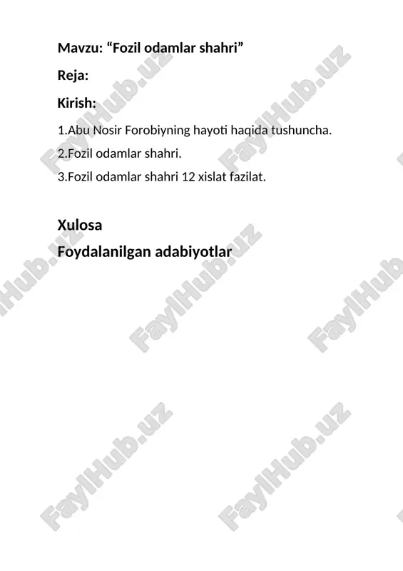 qalamiga oid ushbu fikrni biz pedagoglar o'quvchilarga to'g'ri yetkaza olishimiz kerak. bundan tashqari farobiy ta'lim va tarbiya tushunchalariga birinchi ta'rif bergan pedagog olimdir: ta'lim - so'z va o'rganish bilangina amalga oshiriladi. tarbiya - esa amaliyot, ish-tajriba bilan amalga oshiriladi. ta'lim-tarbiya ikki yo'l bilan amalga oshiriladi: qanoatbaxsh, ilxomlantiruvchi so'zlar va majbur etish[3]. ushbu berilgan ta'rifni ayni vaqtda ham o'qituvchilarimiz amal qilsa bo'ladi. o'quvchini yaxshi bilim olishi uchun avval unga ilxomlantiruvchi so'zlar bilan murojaat qilishimiz va undan so'ng ilm o'rgatishimiz muhim hisoblanadi. tarbiya berishimizda ham avval o'zimiz namuna bo'lishimiz va keyin o'rgatishimiz kerak. 2.fozil odamlar shahri. fozil odamlar shahri (ruscha: „gorod mudretsov“) — abu nasr forobiyning oʻrta asrlar sharoitida birinchi boʻlib jamiyatning kelib chiqishi, maqsad va vazifalari haqida yozgan asari. ushbu asar ijtimoiy hayotning koʻp masalalari — davlatni boshqarish, taʼlim-tarbiya, axloq, maʼrifat, diniy eʼtiqod, urush va yarash, mehnat va boshqa mavzularni oʻz ichiga oladi. bundan tashqari jamiyatning (insonlar jamoasi) kelib chiqishi, adolatli …