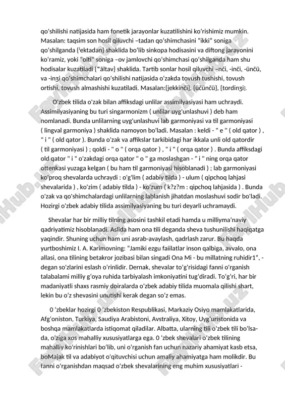 aksan-{sӓksӓn}, olti-{ӓlti} singormonizmli shevalarda diftong hodisasi ko‘p uchraydi. diftong- bir tovushda ikkinchi bir tovushning ekskursiyasining yoki rekursiyasining qatnashishi. son so‘z turkumi doirasida unli bilan boshlangan va o‘nlik sonlarda ko‘p uchraydi. masalan: o‘n ikki- vo‘n ekki-{ᵛӧn ekki}, ikki-jekki- {ʲekki}, ellik-jellik-{ʲellik}, uch-wuch-{ʷuč}. geminatsiya- tovush takrorlanishi, uning aksi bo‘lgan degiminatsiyani hodisasini ham uchratamiz. masalan:yetti-{jeti}, sakkiz-{sӓkiz}, to‘qqiz-{toqїz}. prokopa- undoshlarning so‘z boshida tushishi. masalan:yigirma-{igirmӓ} apakopa- undoshlarning so‘z oxirida tushishi. masalan:qirq bir-{qїr bir}, qirq besh-{qїr beš} shuningdek, shevalarda sonning ma’noviy turlarini hosil qiluvchi qo‘shimchalar qo‘shilishi natijasida ham fonetik jarayonlar kuzatilishini ko‘rishimiz mumkin. masalan: taqsim son hosil qiluvchi –tadan qo‘shimchasini “ikki” soniga qo‘shilganda {ʲektadan} shaklida bo‘lib sinkopa hodisasini va diftong jarayonini ko‘ramiz, yoki “olti” soniga –ov jamlovchi qo‘shimchasi qo‘shilganda ham shu hodisalar kuzatiladi {ʷāltav} shaklida. tartib sonlar hosil qiluvchi –nči, -inči, -ünčü, va -inʒi qo‘shimchalari qo‘shilishi natijasida o‘zakda tovush tushishi, tovush ortishi, tovush almashishi kuzatiladi. masalan:{jekkinči}, {üčünčü}, {tordinʒi}. o'zbek tilida o'zak bilan affiksdagi unlilar assimilyasiyasi ham uchraydi. …