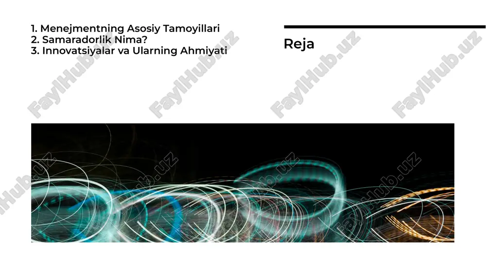 liyotlar biznesda menejment, samaradorlik va innovatsiyalar bir-biri bilan chambarchas bog'liq. samaradorlikni oshirish va innovatsiyalarni joriy etish orqali tashkilotlar raqobatbardoshligini kuchaytirishi mumkin. ushbu jarayonlarni to'g'ri boshqarish muvaffaqiyat kalitidir. xulosa