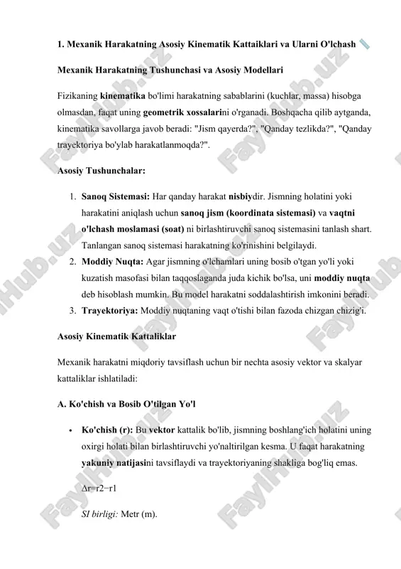 b. tezlik · o'rtacha tezlik (vo′rt​): umumiy ko'chishning harakat vaqtiga nisbati. bu vektor kattalikdir va uning yo'nalishi ko'chish vektori yo'nalishi bilan bir xil. vo′rt​=δtδr​ · oniy (lahzaviy) tezlik (v): vaqt oralig'i nolga intilgandagi o'rtacha tezlikning limiti. oniy tezlik vektori harakatning har bir nuqtasida trayektoriyaga urinma yo'nalgan bo'ladi. bu harakatning tezligi va yo'nalishini aniq tavsiflaydi. v=δt→0lim​δtδr​=dtdr​ si birligi: metr/sekund (m/s). c. tezlanish · o'rtacha tezlanish (ao′rt​): vaqt oralig'idagi tezlik o'zgarishining shu vaqt oralig'iga nisbati. · oniy tezlanish (a): vaqt oralig'i nolga intilgandagi o'rtacha tezlanishning limiti. bu tezlik vektorining o'zgarish tezligini ko'rsatadi. a=δt→0lim​δtδv​=dtdv​=dt2d2r​ si birligi: metr/sekund kvadrat (m/s²). tezlanishning komponentlari: egri chiziqli harakatda tezlanish ikki komponentga ajratiladi: tangensial (urinma bo'ylab) tezlanish (aτ​), tezlikning moduli o'zgarishini ko'rsatadi, va normal (markazga intilma) tezlanish (an​), tezlikning yo'nalishi o'zgarishini ko'rsatadi. kinematik masalalarni yechish kinematik masalalarni yechish, asosan, jismning harakat qonuniyatini (x(t),y(t)) topish va differensial hamda integral hisoblash usullarini qo'llashga asoslanadi. · tekis tezlanuvchan harakat qonunlari: bu …
