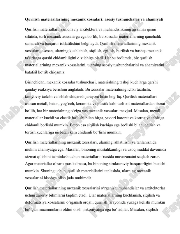 allarining mexanik xossalarini o‘rganish, muhandislar va arxitektorlar uchun zaruriy bilimlarni taqdim etadi. ular materiallarning kuchlanish, siqilish va deformatsiya xossalarini o‘rganish orqali, qurilish jarayonida yuzaga kelishi mumkin bo‘lgan muammolarni oldini olish imkoniyatiga ega bo‘ladilar. masalan, siqilish kuchi σ = f⁄a formulasi orqali aniqlanadi, bu yerda σ siqilish kuchi, f kuch va a maydonni ifodalaydi. bu formula yordamida muhandislar materialning siqilishga qanchalik chidamli ekanligini aniqlashlari mumkin. qurilish materiallarining mexanik xossalari, shuningdek, ularning uzoq muddatli ishlashini ta'minlashda muhim rol o‘ynaydi. masalan, betonning siqilish kuchi va egilish kuchi, uning uzoq muddatli barqarorligi va mustahkamligini belgilaydi. betonning siqilish kuchi, odatda, uning tarkibidagi sementning sifatiga, agregatlarning o‘lchamiga va aralashma nisbati kabi omillarga bog‘liq. shuning uchun, beton aralashmasini tayyorlashda ushbu omillarni hisobga olish zarur. yana bir muhim mexanik xossa — elastiklik. elastiklik, materialning deformatsiyaga uchraganda, o‘z holatiga qaytish qobiliyatini anglatadi. bu xossa, masalan, yog‘ochda juda yuqori bo‘lishi mumkin, bu esa uni qurilishda keng qo‘llash imkonini beradi. yog‘ochning …