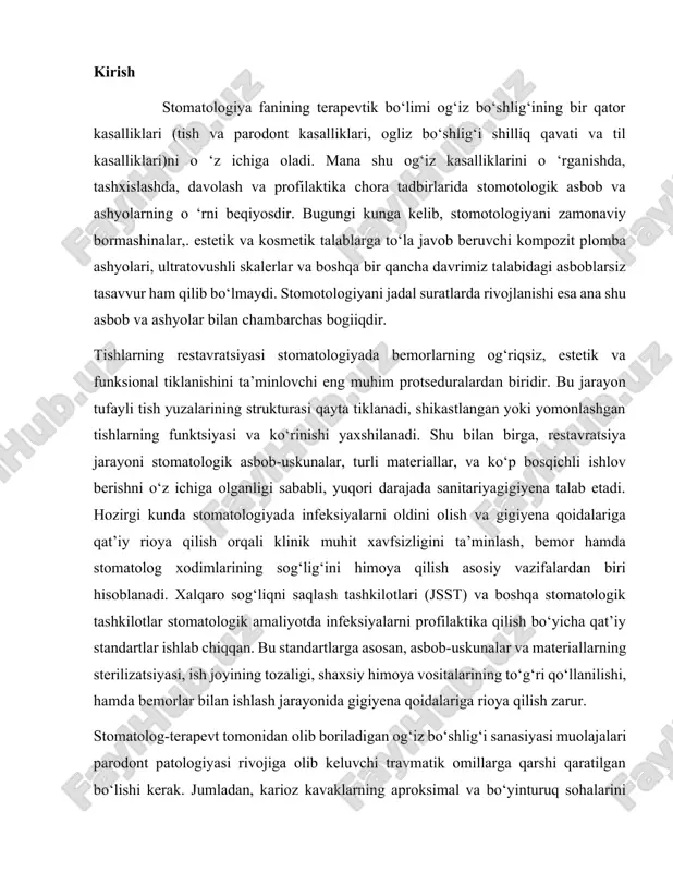 ‘rganishda, tashxislashda, davolash va profilaktika chora tadbirlarida stomotologik asbob va ashyolarning o ‘rni beqiyosdir. bugungi kunga kelib, stomotologiyani zamonaviy bormashinalar,. estetik va kosmetik talablarga to‘la javob beruvchi kompozit plomba ashyolari, ultratovushli skalerlar va boshqa bir qancha davrimiz talabidagi asboblarsiz tasavvur ham qilib bo‘lmaydi. stomotologiyani jadal suratlarda rivojlanishi esa ana shu asbob va ashyolar bilan chambarchas bogiiqdir. tishlarning restavratsiyasi stomatologiyada bemorlarning og‘riqsiz, estetik va funksional tiklanishini ta’minlovchi eng muhim protseduralardan biridir. bu jarayon tufayli tish yuzalarining strukturasi qayta tiklanadi, shikastlangan yoki yomonlashgan tishlarning funktsiyasi va ko‘rinishi yaxshilanadi. shu bilan birga, restavratsiya jarayoni stomatologik asbob-uskunalar, turli materiallar, va ko‘p bosqichli ishlov berishni o‘z ichiga olganligi sababli, yuqori darajada sanitariyagigiyena talab etadi. hozirgi kunda stomatologiyada infeksiyalarni oldini olish va gigiyena qoidalariga qat’iy rioya qilish orqali klinik muhit xavfsizligini ta’minlash, bemor hamda stomatolog xodimlarining sog‘lig‘ini himoya qilish asosiy vazifalardan biri hisoblanadi. xalqaro sog‘liqni saqlash tashkilotlari (jsst) va boshqa stomatologik tashkilotlar stomatologik amaliyotda infeksiyalarni profilaktika …