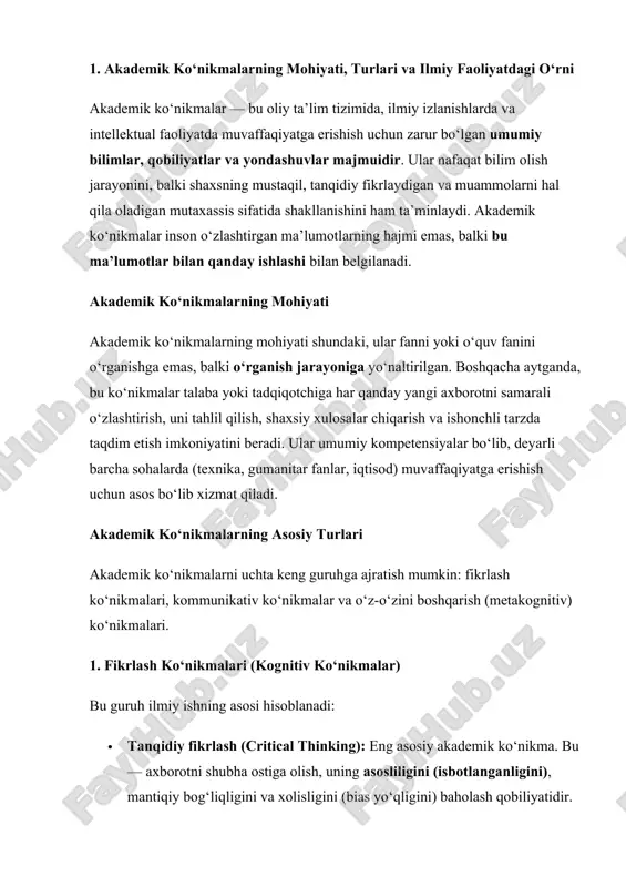 onal xulosa chiqarish imkonini beradi. · tahlil qilish va sintez qilish (analysis and synthesis): tahlil qilish murakkab g‘oyani yoki matnni tarkibiy qismlarga ajratishni (masalan, sabab-oqibat bog‘liqligini ajratish) anglatadi. sintez qilish esa ajratilgan qismlarni birlashtirib, yangi, yaxlit g‘oyani yoki modelni yaratish (masalan, turli manbalardagi ma’lumotlardan yagona nazariyani shakllantirish) qobiliyatidir. · mantiqiy fikrlash (logical reasoning): farazlarni shakllantirish va ularni isbotlash uchun dalillarni tizimli va izchil bog‘lash qobiliyati. deduksiya (umumiy qoidadan xususiy holatni chiqarish) va induksiya (xususiy holatlardan umumiy qoidani chiqarish) usullaridan foydalanish. 2. kommunikativ ko‘nikmalar (yozma va og‘zaki nutq) ilmiy natijalarni jamoatchilikka yetkazish uchun zarur: · akademik yozma nutq: ilmiy uslubga rioya qilgan holda, aniq, qisqa va faktlarga asoslangan matnlar (maqola, hisobot, dissertatsiya) yozish qobiliyati. · og‘zaki nutq va taqdimot: auditoriya oldida o‘z tadqiqot natijalarini ishonchli, mazmunli va vizual (slaydlar orqali) tarzda taqdim etish. · ilmiy munozara: ilmiy munozaralarda hurmat bilan, konstruktiv tanqidlarga ochiq holda ishtirok etish. 3. o‘z-o‘zini boshqarish (metakognitiv ko‘nikmalar) …